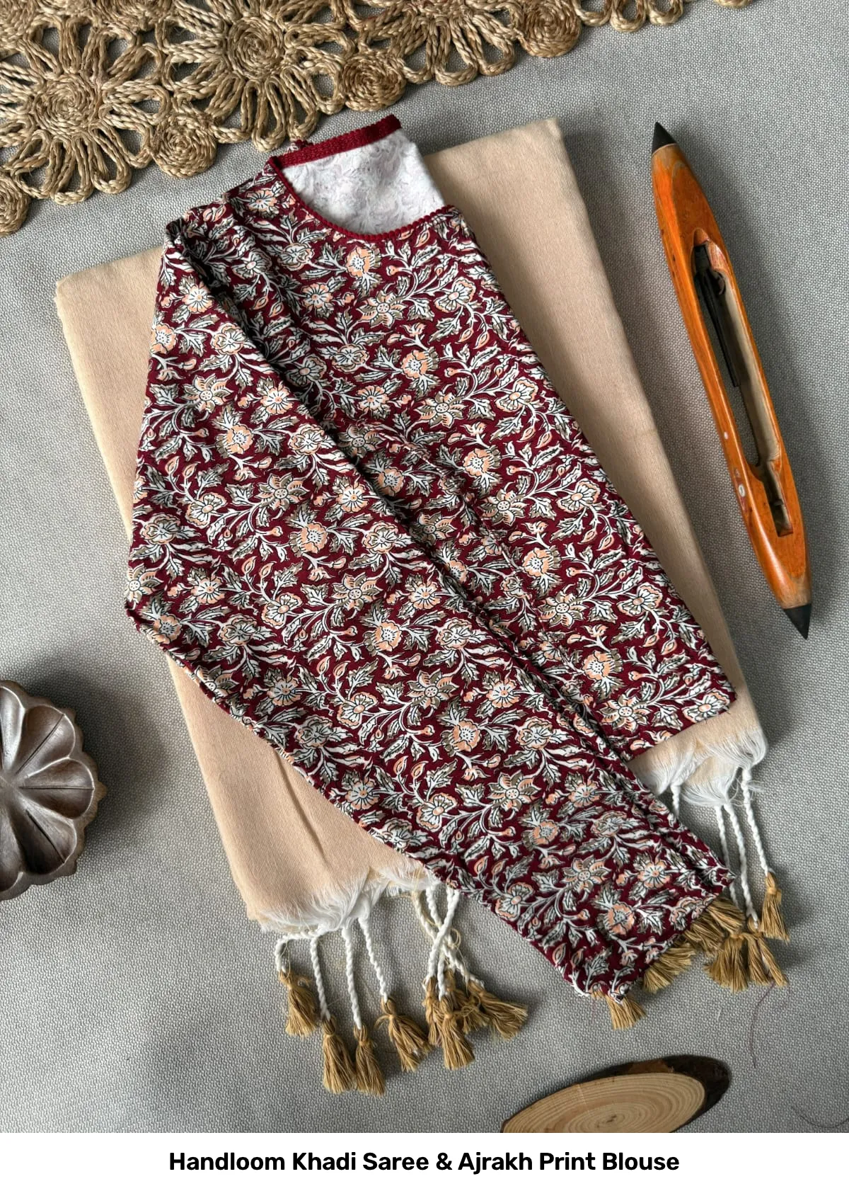 Handloom Khadi Saree & Ajrakh Print Blouse 2