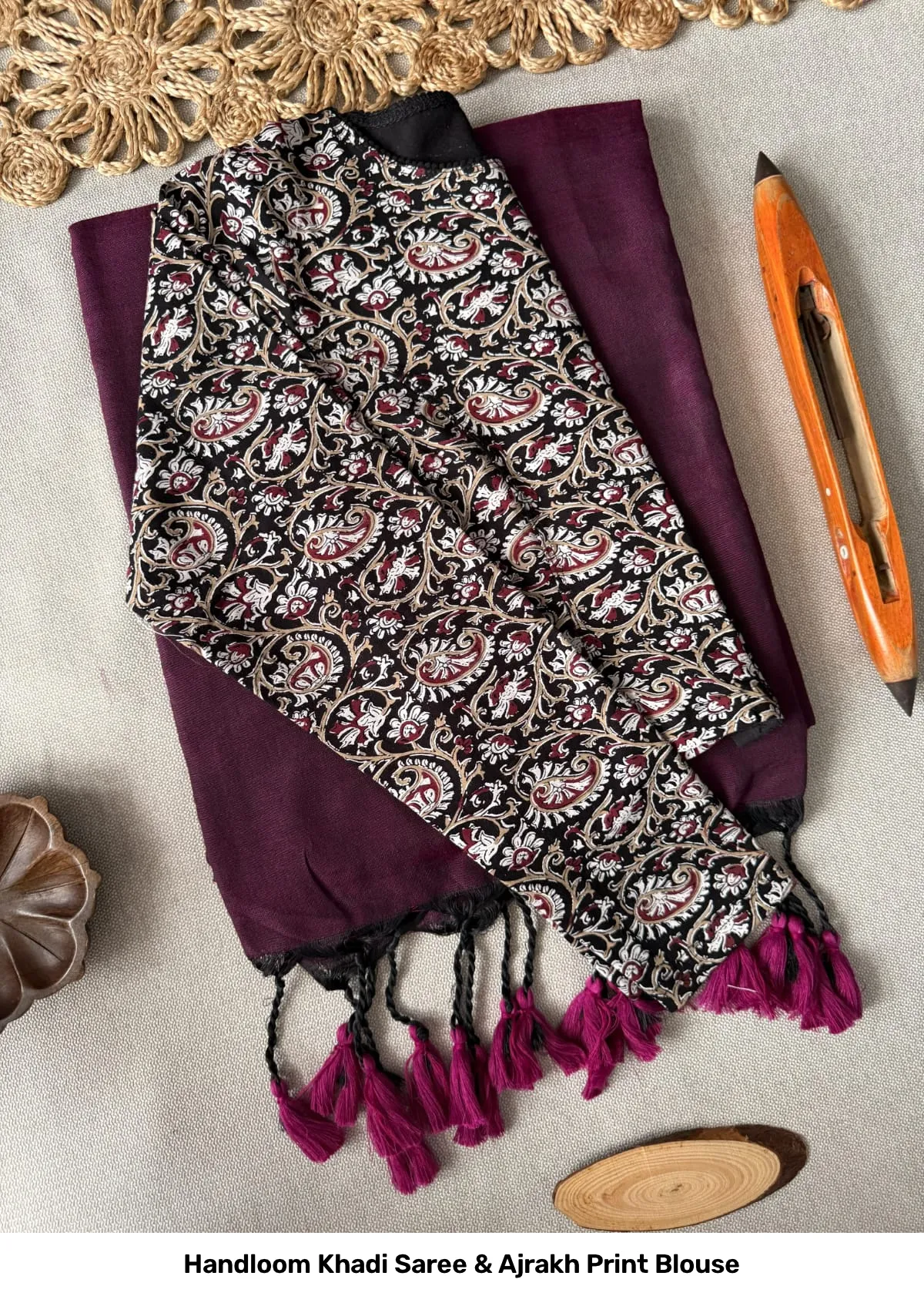 Handloom Khadi Saree & Ajrakh Print Blouse 4