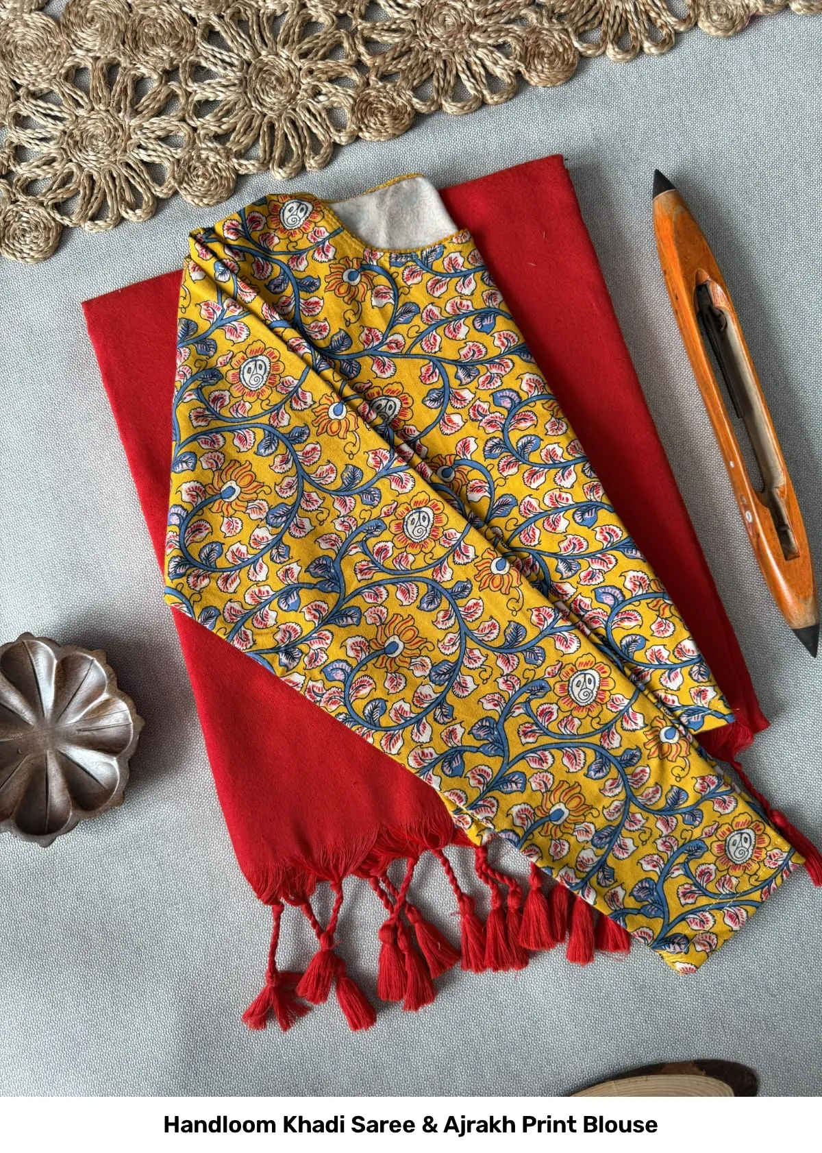 Handloom Khadi Saree & Ajrakh Print Blouse 5