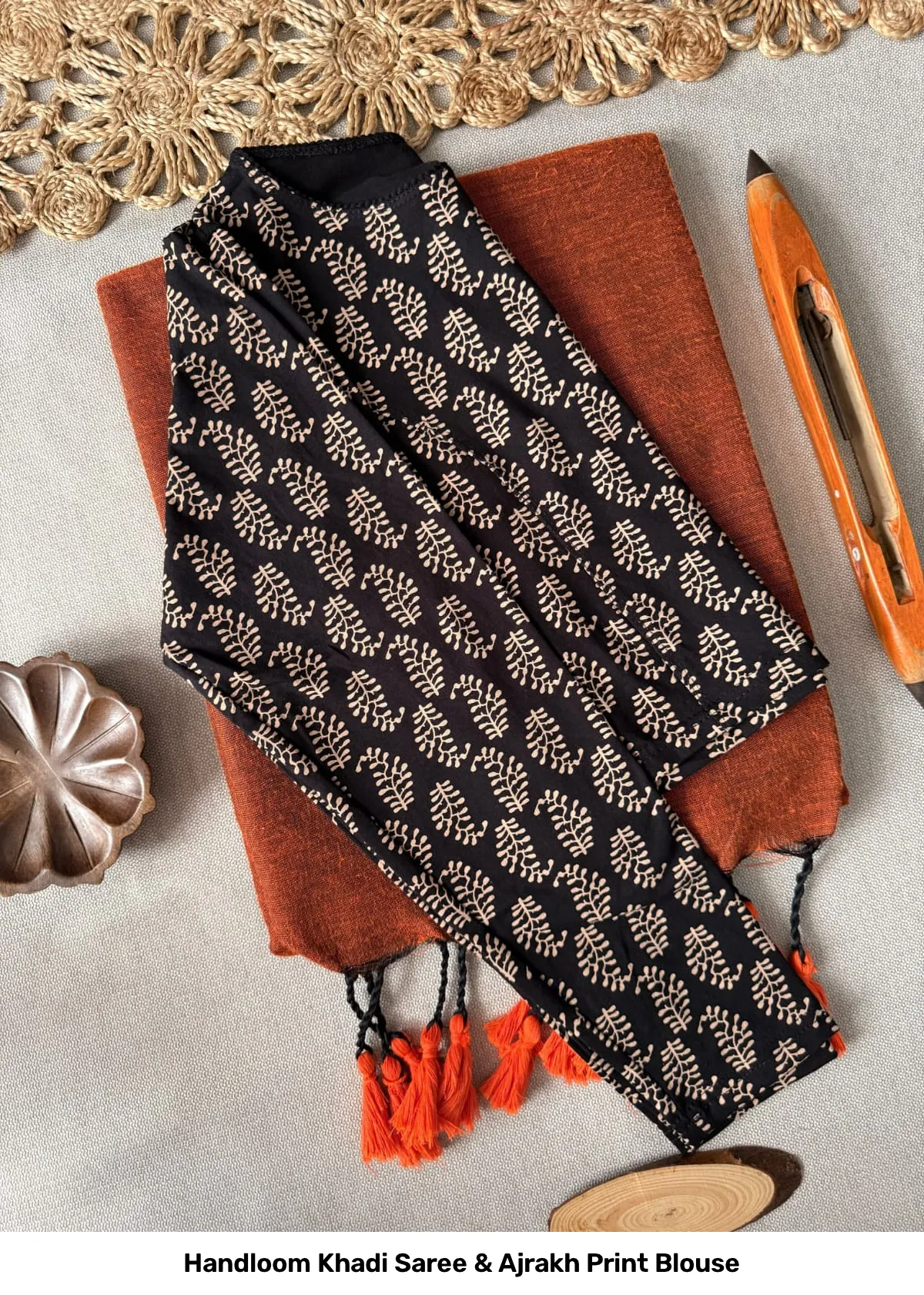 Handloom Khadi Saree & Ajrakh Print Blouse 6