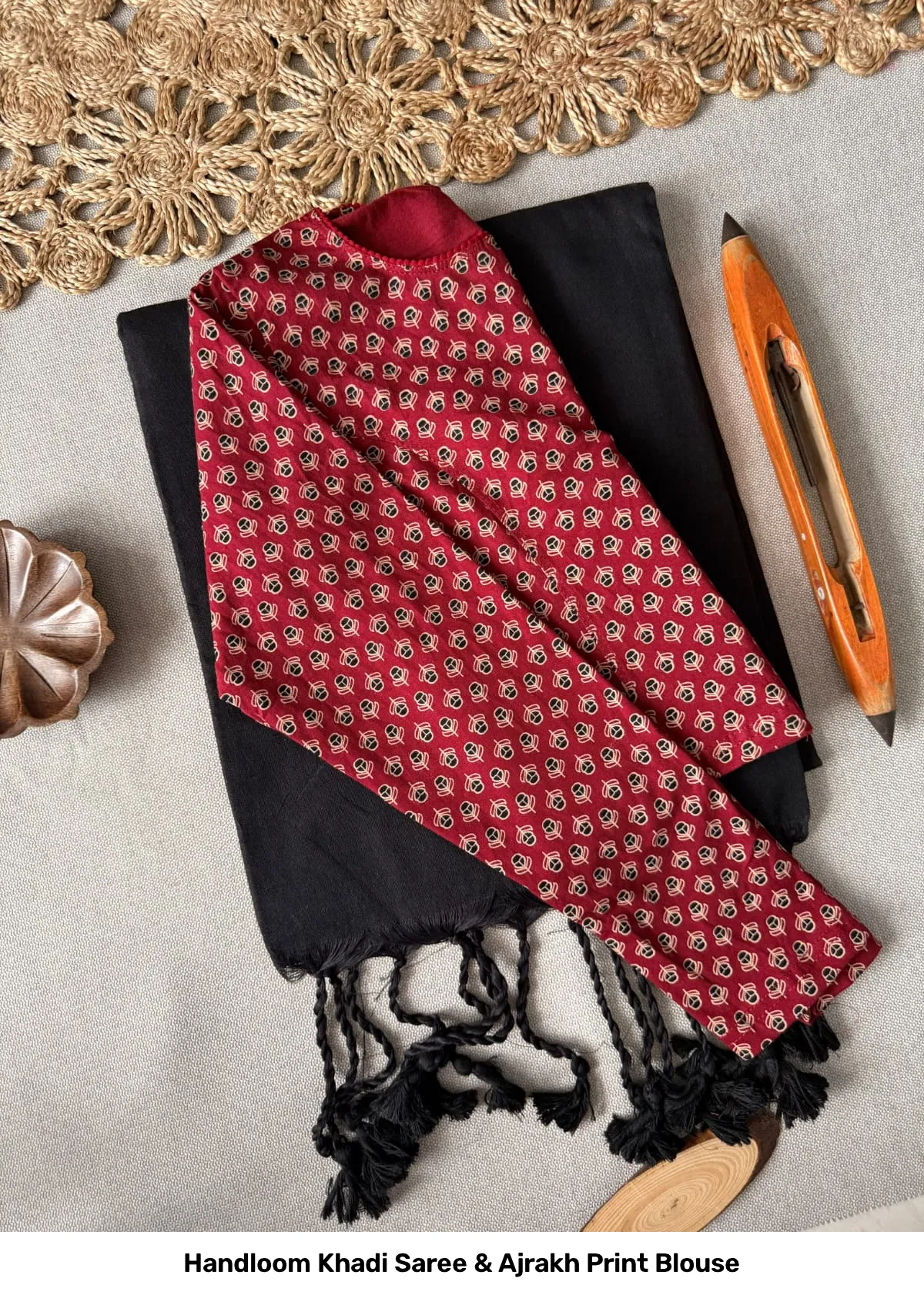Handloom Khadi Saree & Ajrakh Print Blouse 7