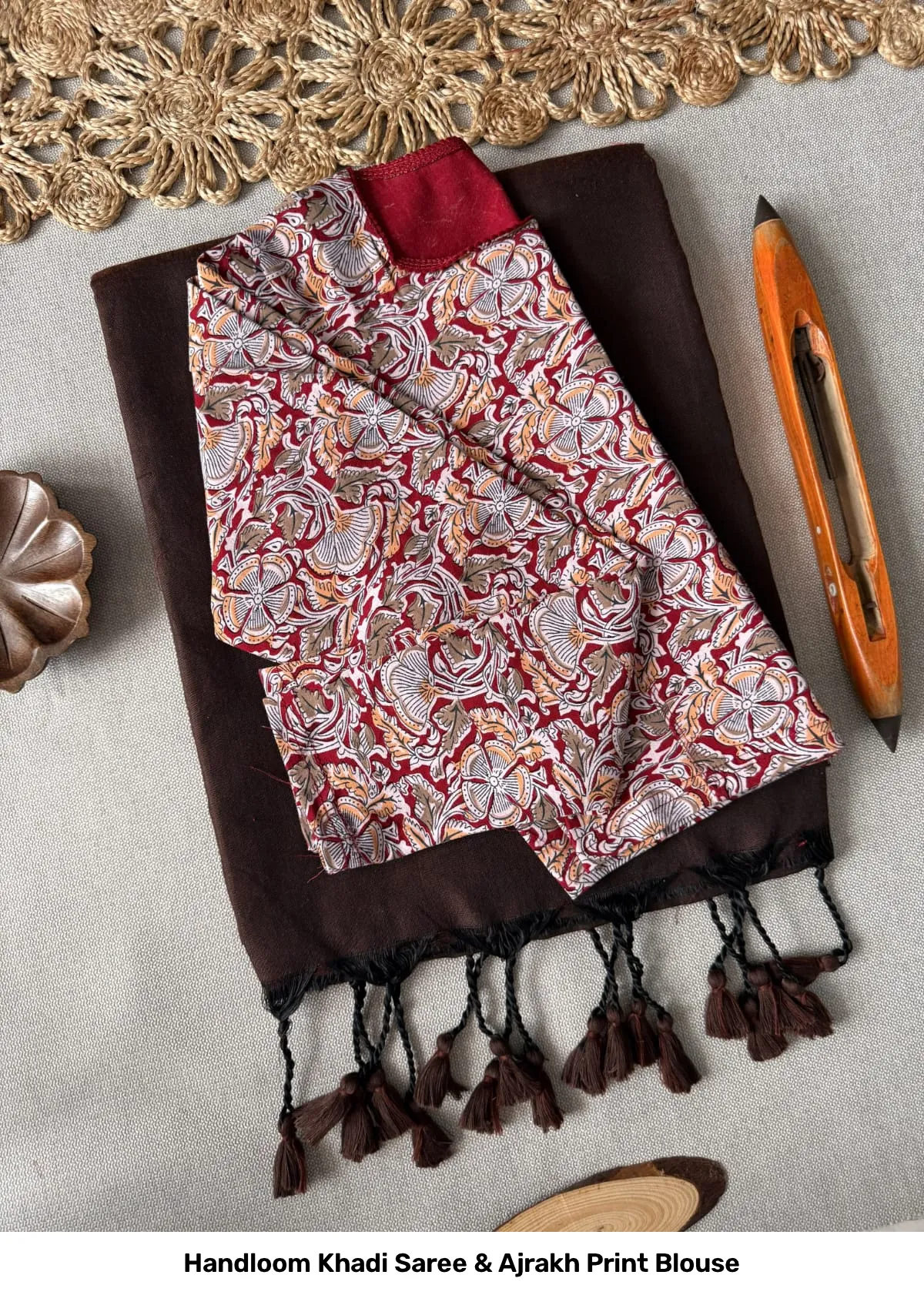 Handloom Khadi Saree & Ajrakh Print Blouse 8