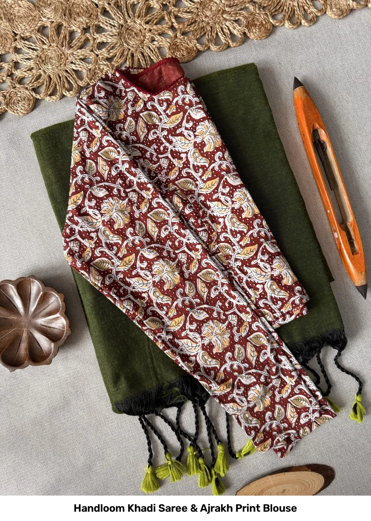 Handloom Khadi Saree & Ajrakh Print Blouse 9