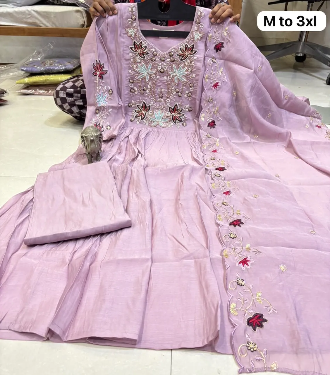 Handwork Chanderi Glass Silk Anarkali Kurti Pant Dupatta Set