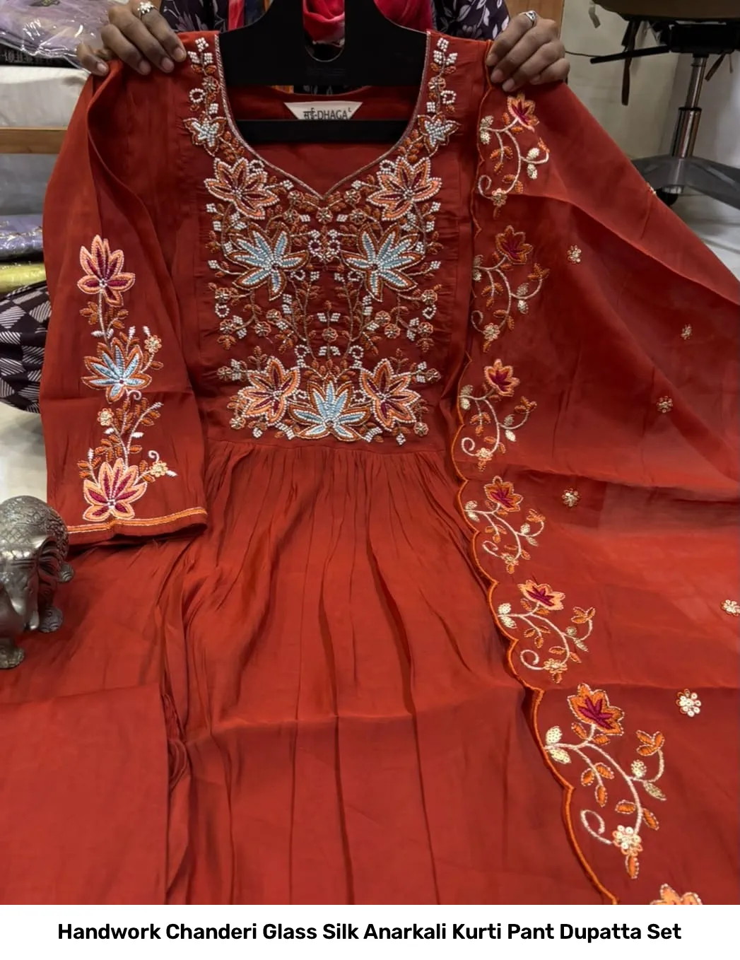 Handwork Chanderi Glass Silk Anarkali Kurti Pant Dupatta Set 2