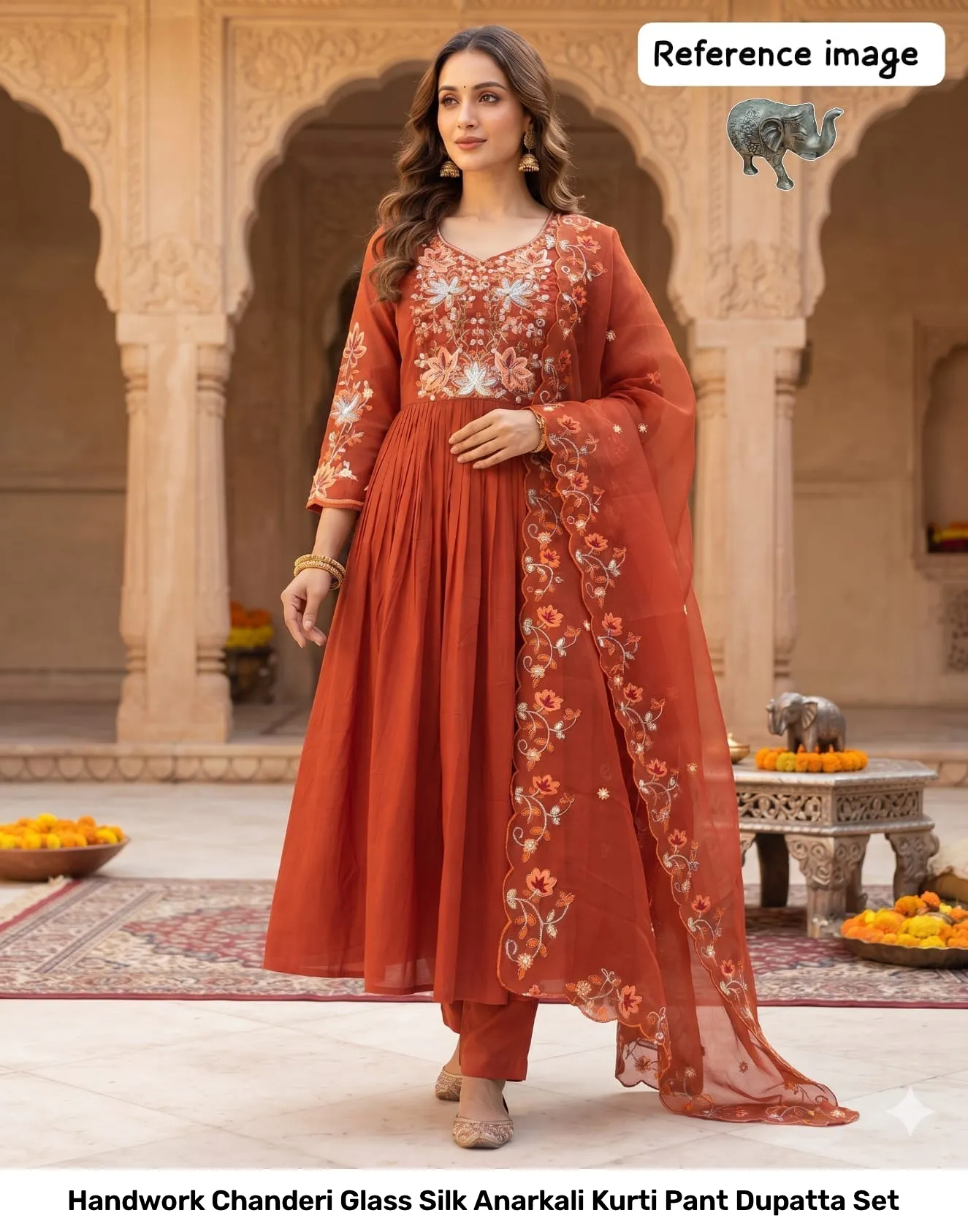 Handwork Chanderi Glass Silk Anarkali Kurti Pant Dupatta Set 3