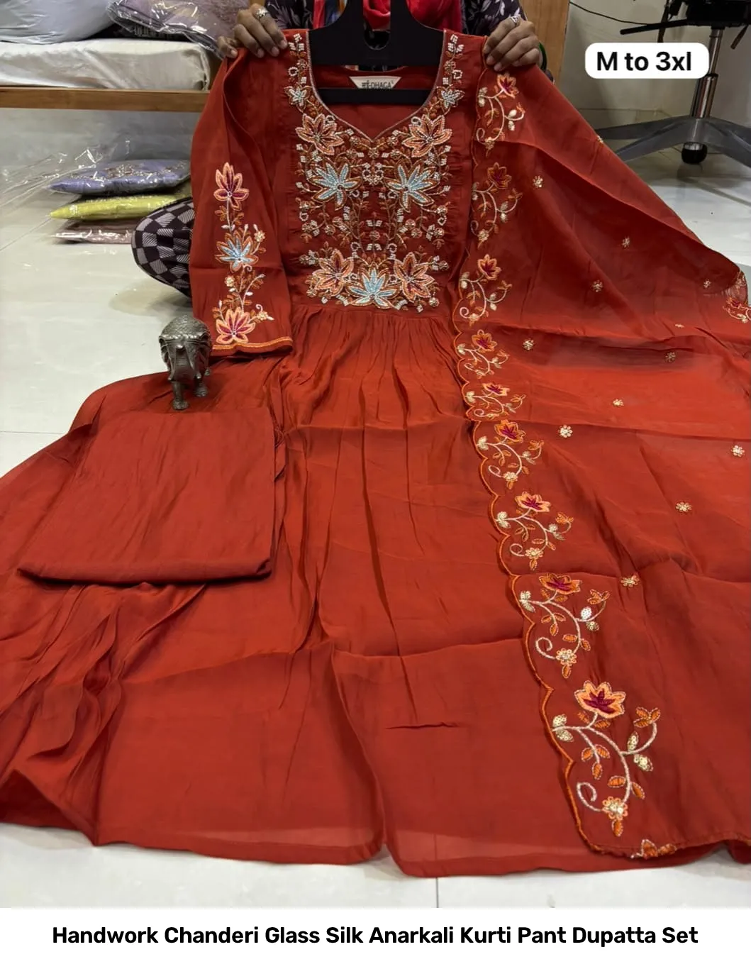 Handwork Chanderi Glass Silk Anarkali Kurti Pant Dupatta Set 4