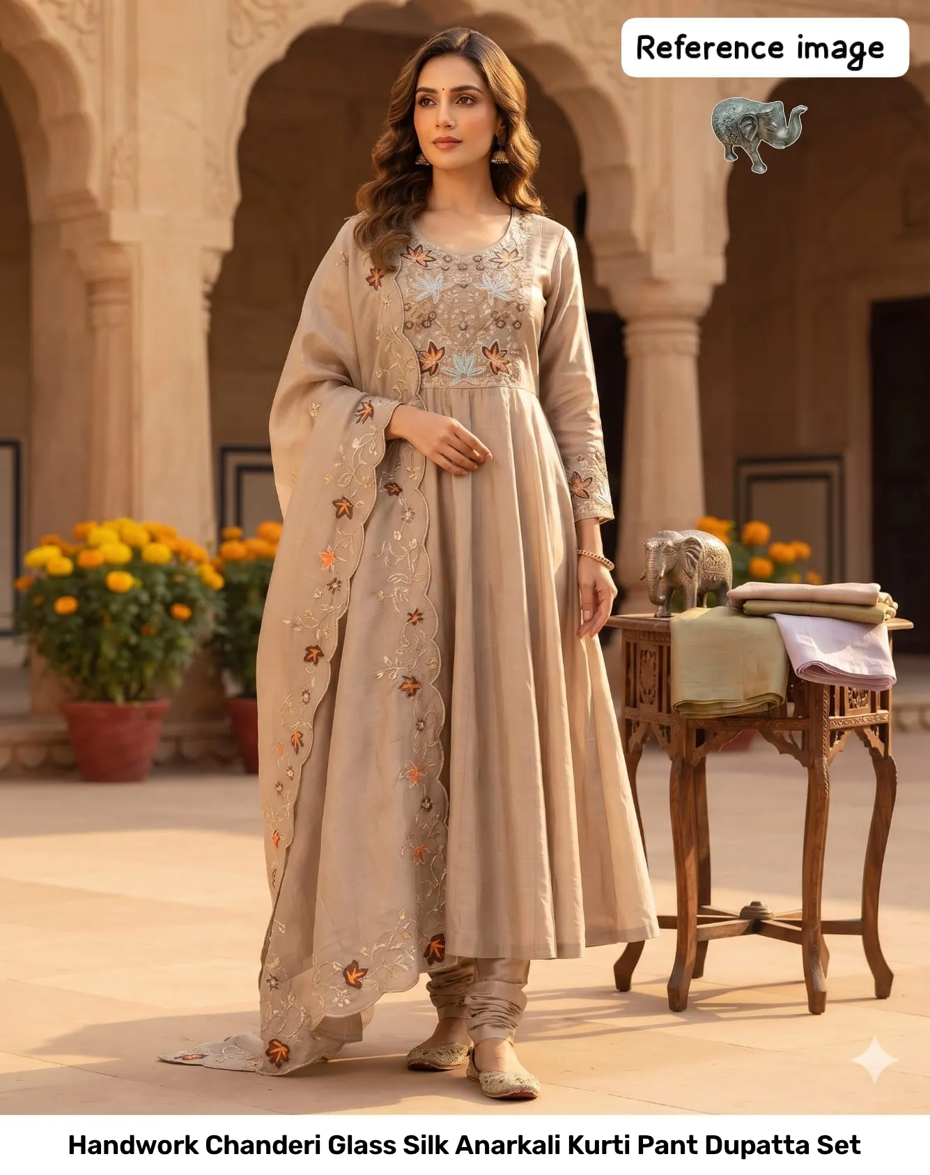 Handwork Chanderi Glass Silk Anarkali Kurti Pant Dupatta Set 5