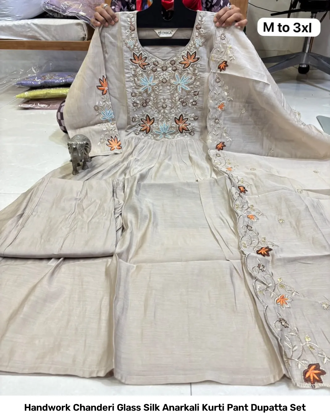 Handwork Chanderi Glass Silk Anarkali Kurti Pant Dupatta Set 6