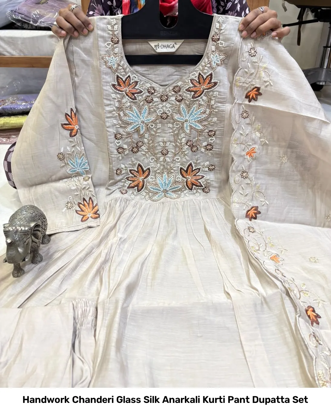 Handwork Chanderi Glass Silk Anarkali Kurti Pant Dupatta Set 7