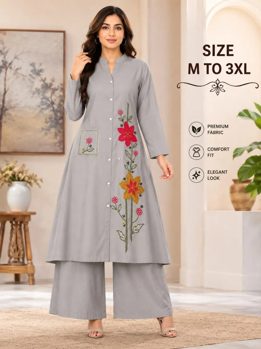 Heavy 22 KG Rayon Embroidered Long A-Line Kurti with Palazzo Set – Mandarin Collar Floral Patch Work Kurta Set with Front Pocket (Sizes M to 3XL)