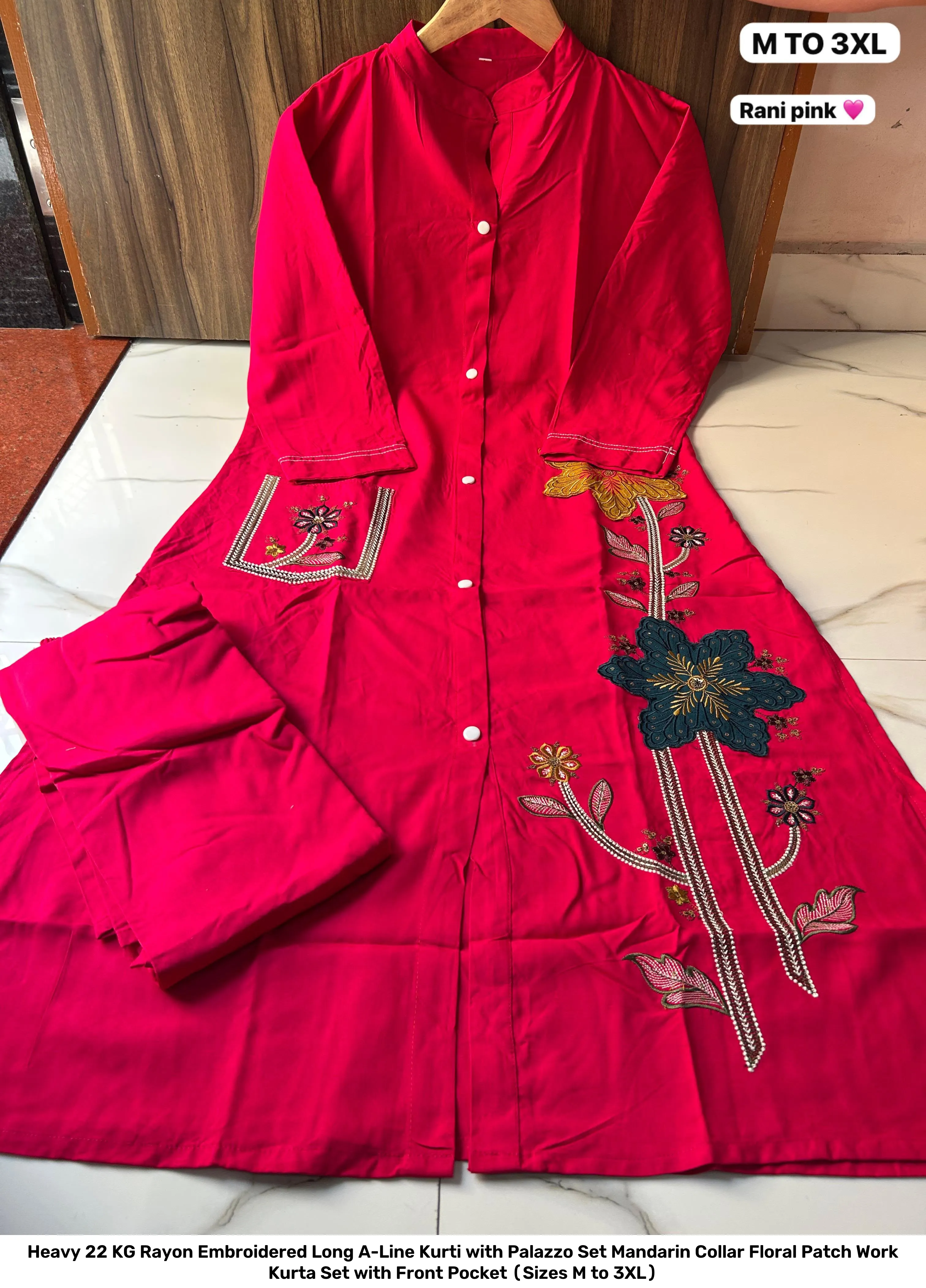 Heavy 22 KG Rayon Embroidered Long A-Line Kurti with Palazzo Set – Mandarin Collar Floral Patch Work Kurta Set with Front Pocket (Sizes M to 3XL) 10