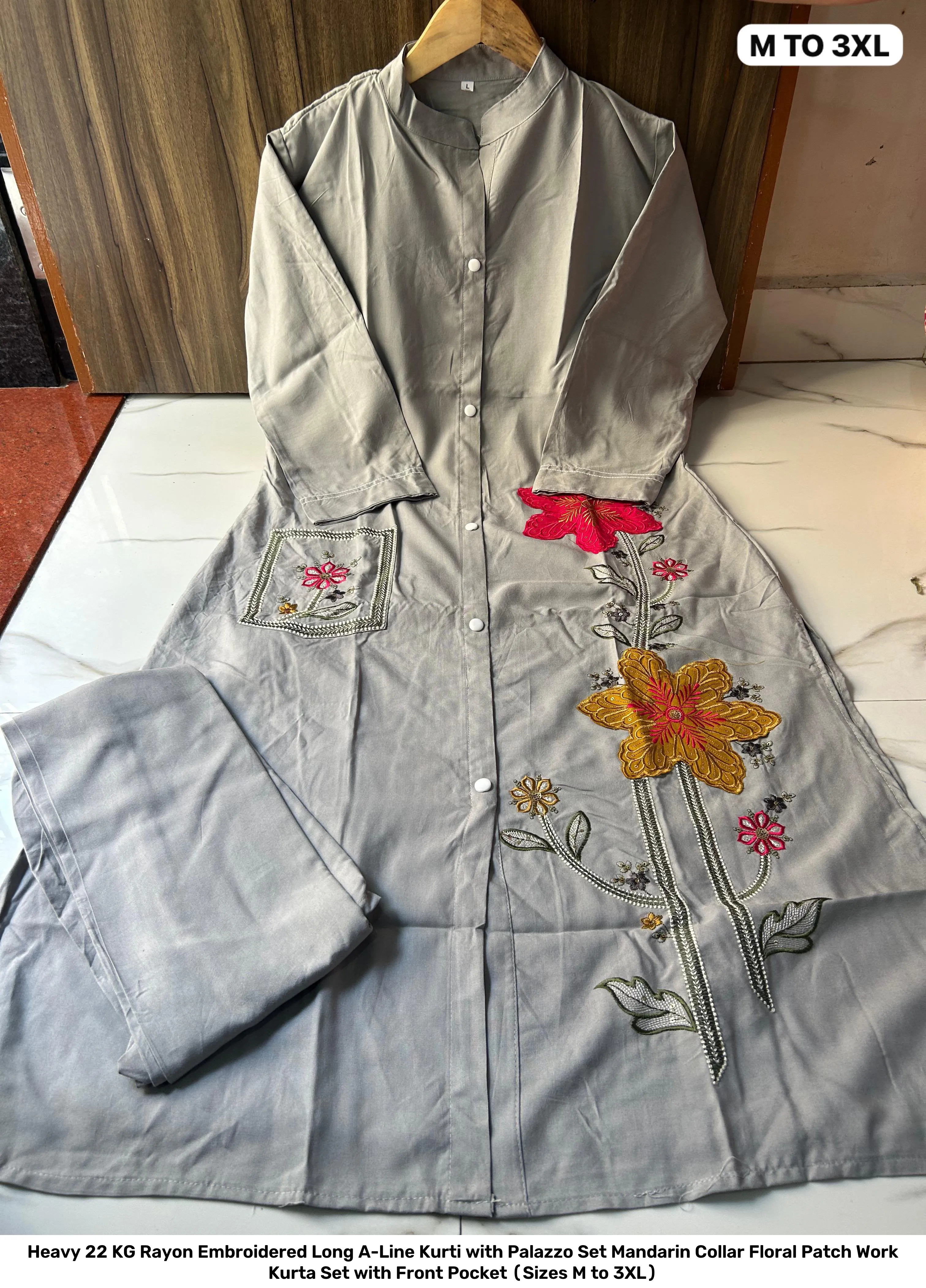 Heavy 22 KG Rayon Embroidered Long A-Line Kurti with Palazzo Set – Mandarin Collar Floral Patch Work Kurta Set with Front Pocket (Sizes M to 3XL) 11