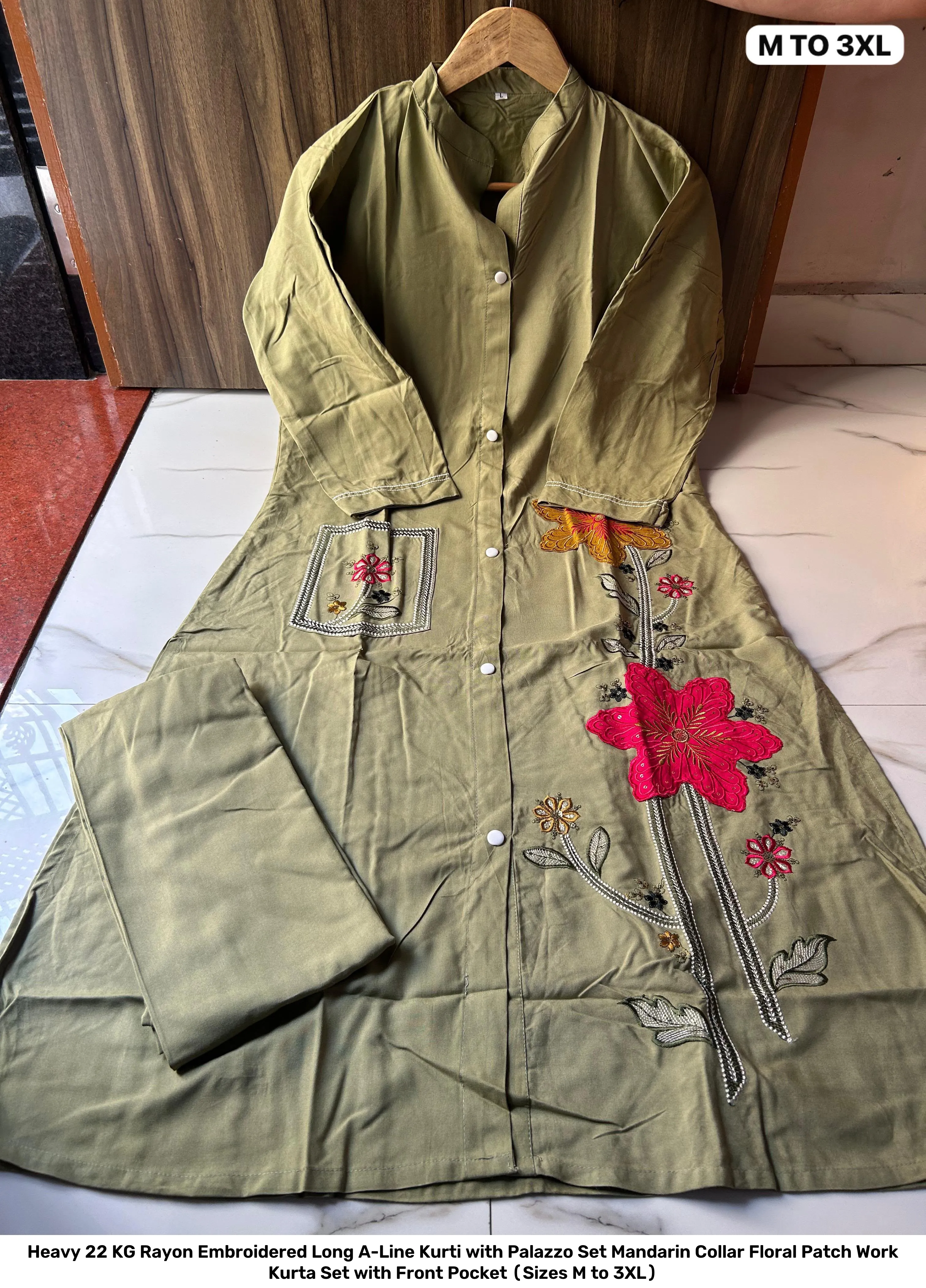 Heavy 22 KG Rayon Embroidered Long A-Line Kurti with Palazzo Set – Mandarin Collar Floral Patch Work Kurta Set with Front Pocket (Sizes M to 3XL) 2