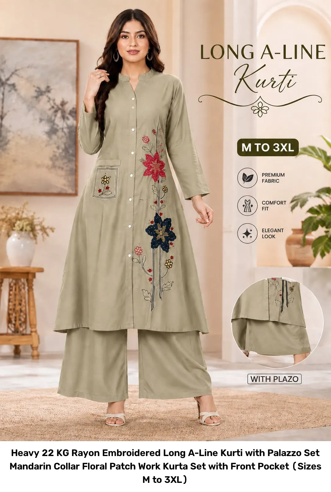Heavy 22 KG Rayon Embroidered Long A-Line Kurti with Palazzo Set – Mandarin Collar Floral Patch Work Kurta Set with Front Pocket (Sizes M to 3XL) 3