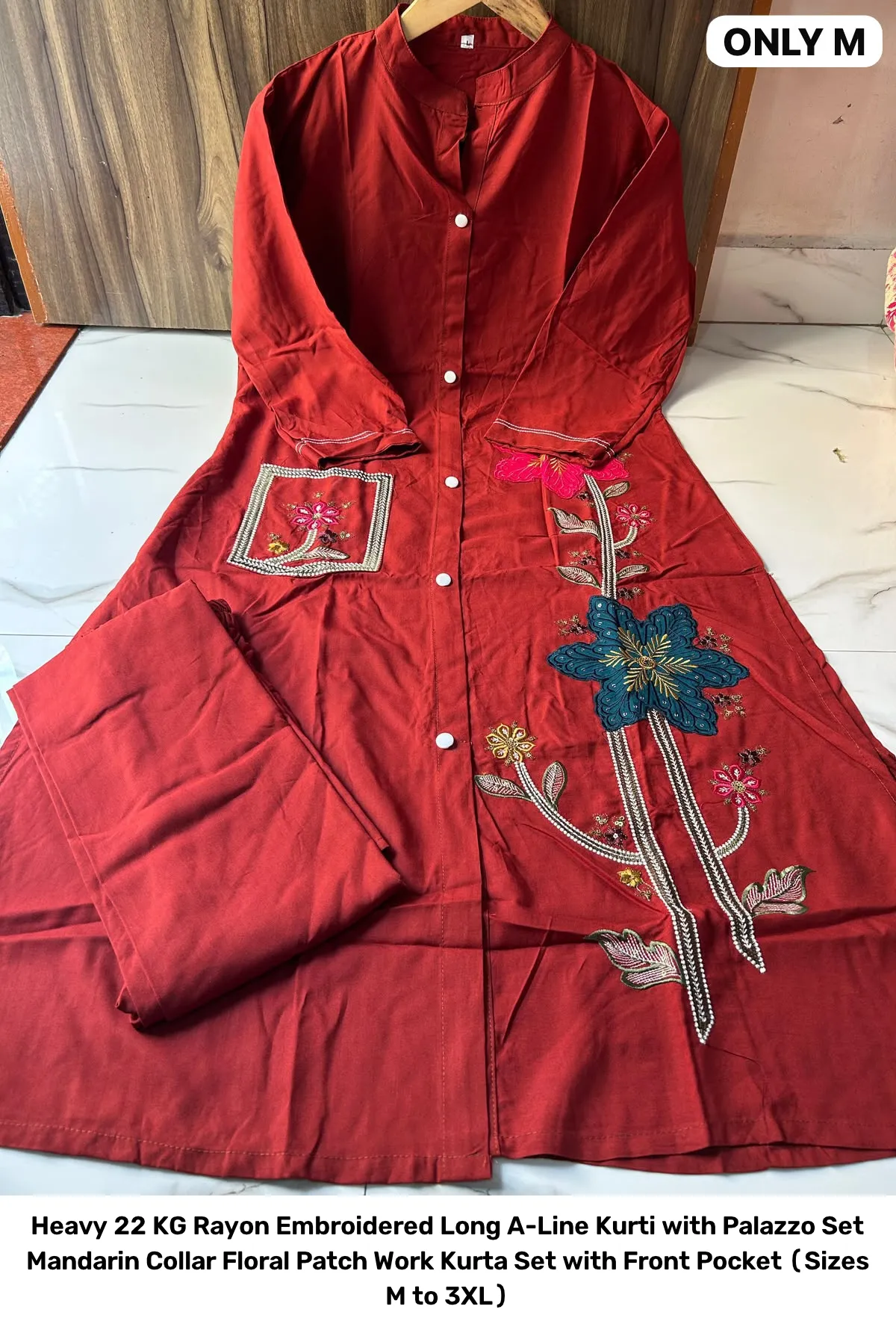 Heavy 22 KG Rayon Embroidered Long A-Line Kurti with Palazzo Set – Mandarin Collar Floral Patch Work Kurta Set with Front Pocket (Sizes M to 3XL) 4