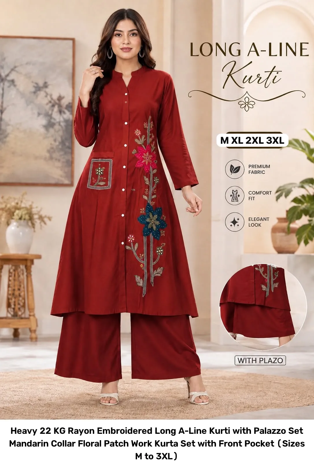 Heavy 22 KG Rayon Embroidered Long A-Line Kurti with Palazzo Set – Mandarin Collar Floral Patch Work Kurta Set with Front Pocket (Sizes M to 3XL) 5