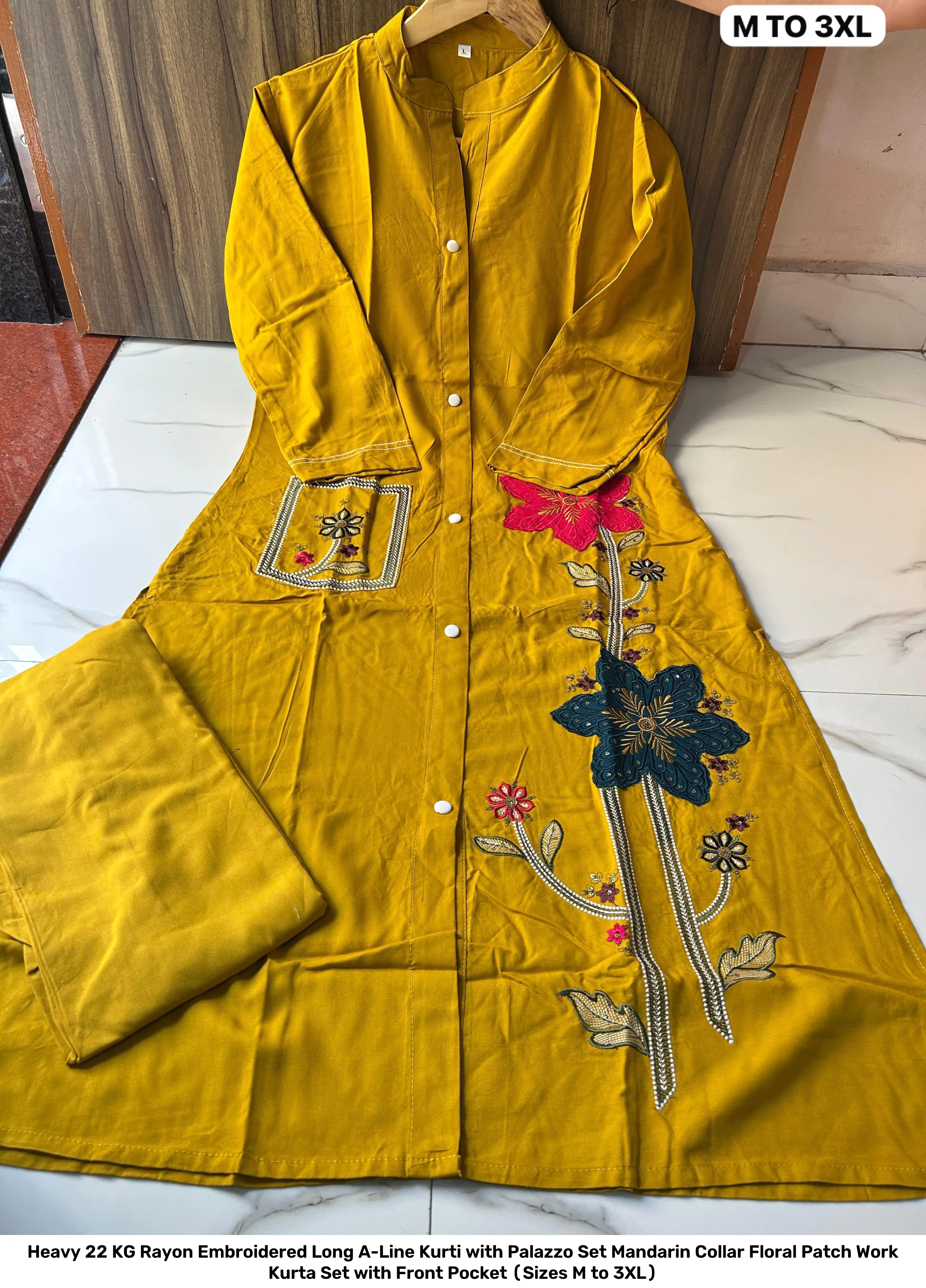 Heavy 22 KG Rayon Embroidered Long A-Line Kurti with Palazzo Set – Mandarin Collar Floral Patch Work Kurta Set with Front Pocket (Sizes M to 3XL) 6