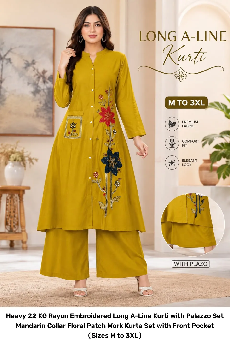 Heavy 22 KG Rayon Embroidered Long A-Line Kurti with Palazzo Set – Mandarin Collar Floral Patch Work Kurta Set with Front Pocket (Sizes M to 3XL) 7