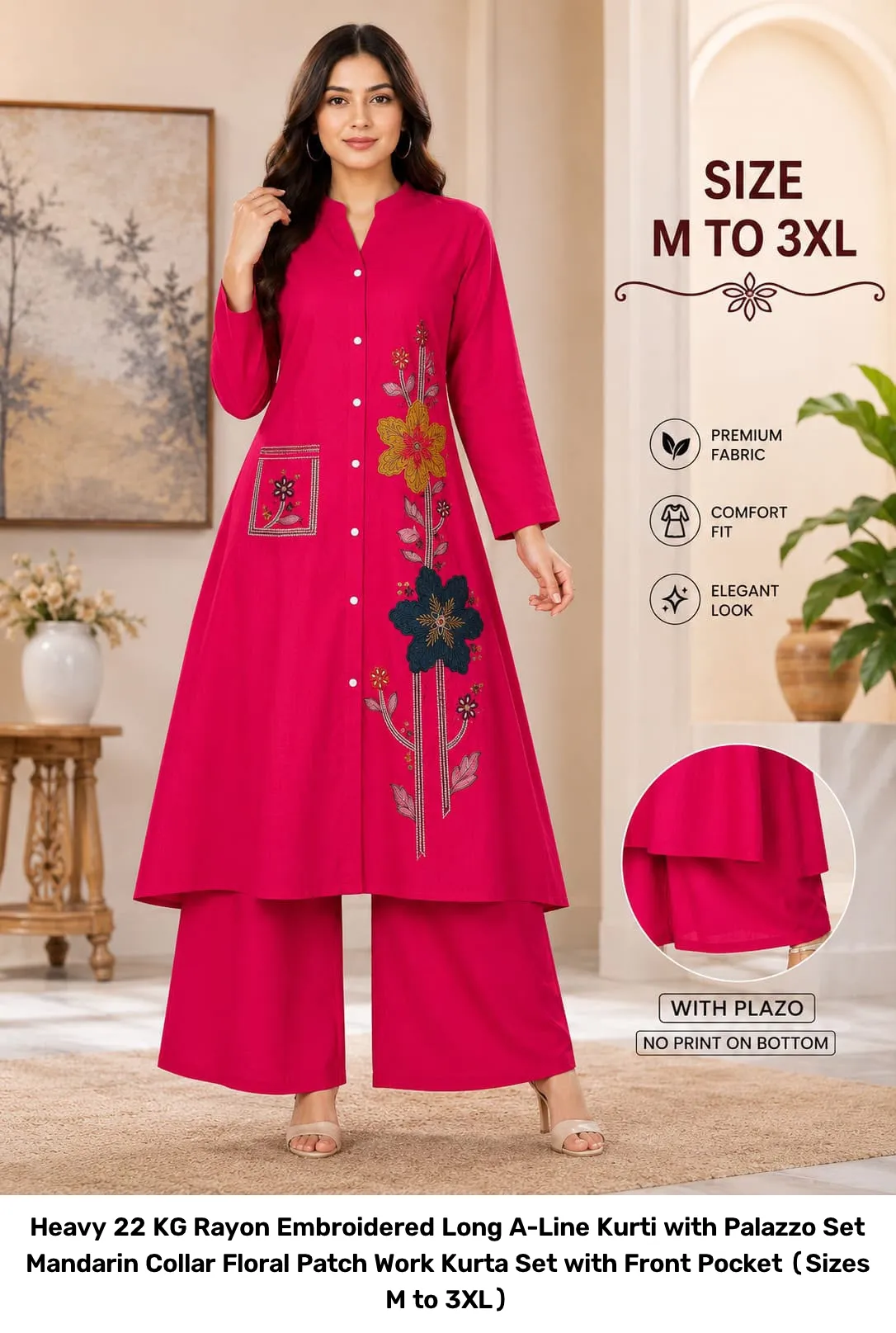 Heavy 22 KG Rayon Embroidered Long A-Line Kurti with Palazzo Set – Mandarin Collar Floral Patch Work Kurta Set with Front Pocket (Sizes M to 3XL) 8