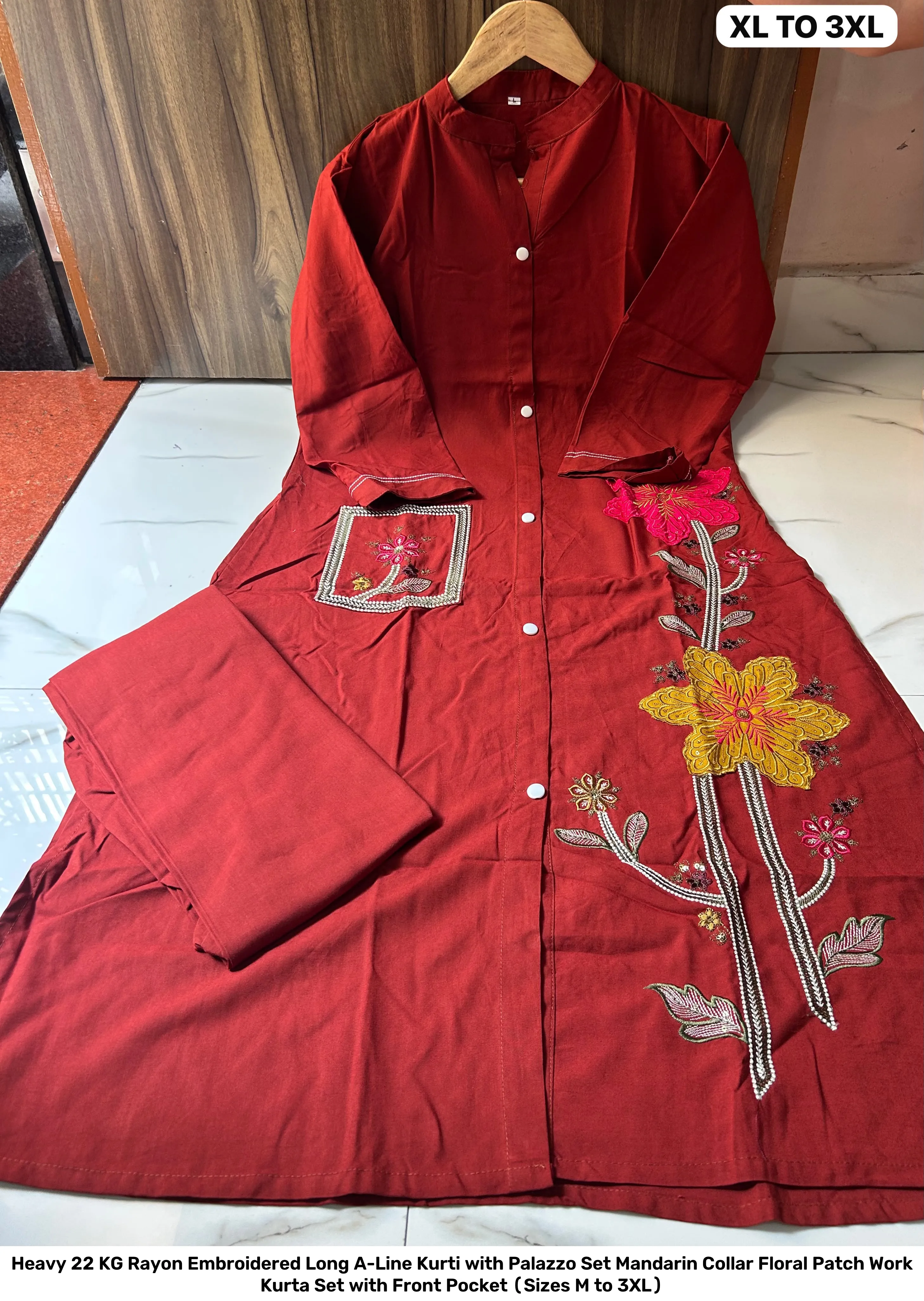Heavy 22 KG Rayon Embroidered Long A-Line Kurti with Palazzo Set – Mandarin Collar Floral Patch Work Kurta Set with Front Pocket (Sizes M to 3XL) 9