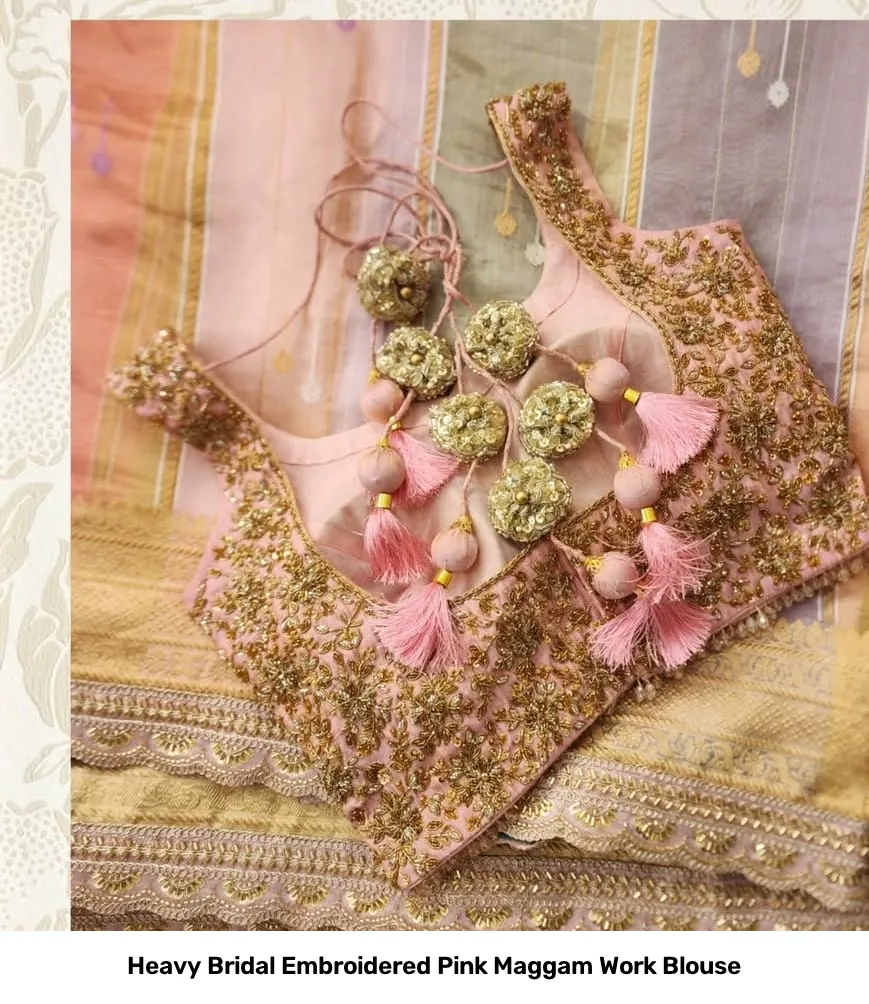 Heavy Bridal Embroidered Pink Maggam Work Blouse 2