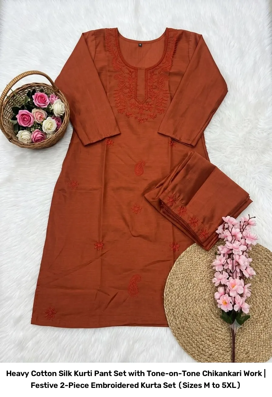 Heavy Cotton Silk Kurti Pant Set with Tone-on-Tone Chikankari Work | Festive 2-Piece Embroidered Kurta Set (Sizes M to 5XL) 10
