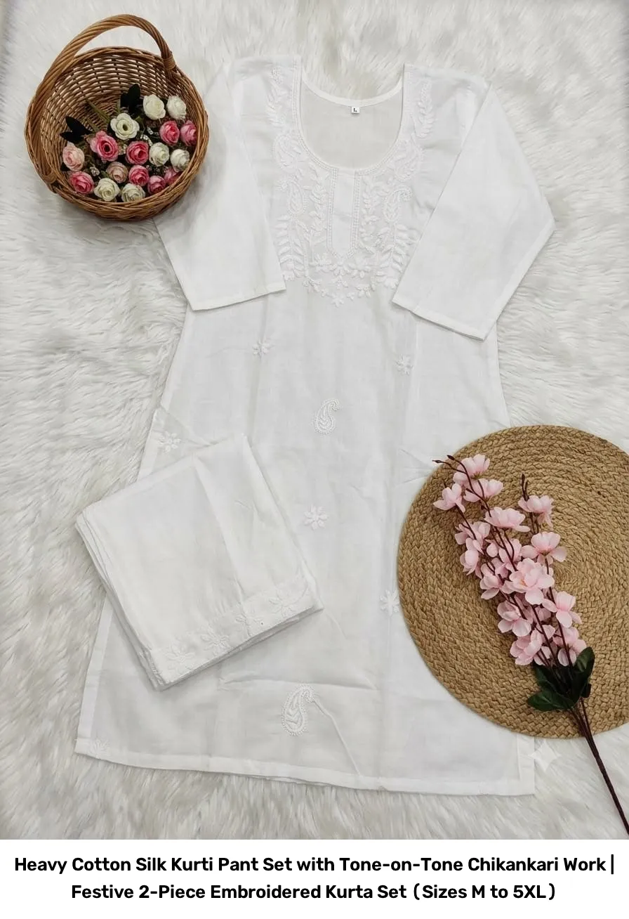 Heavy Cotton Silk Kurti Pant Set with Tone-on-Tone Chikankari Work | Festive 2-Piece Embroidered Kurta Set (Sizes M to 5XL) 2