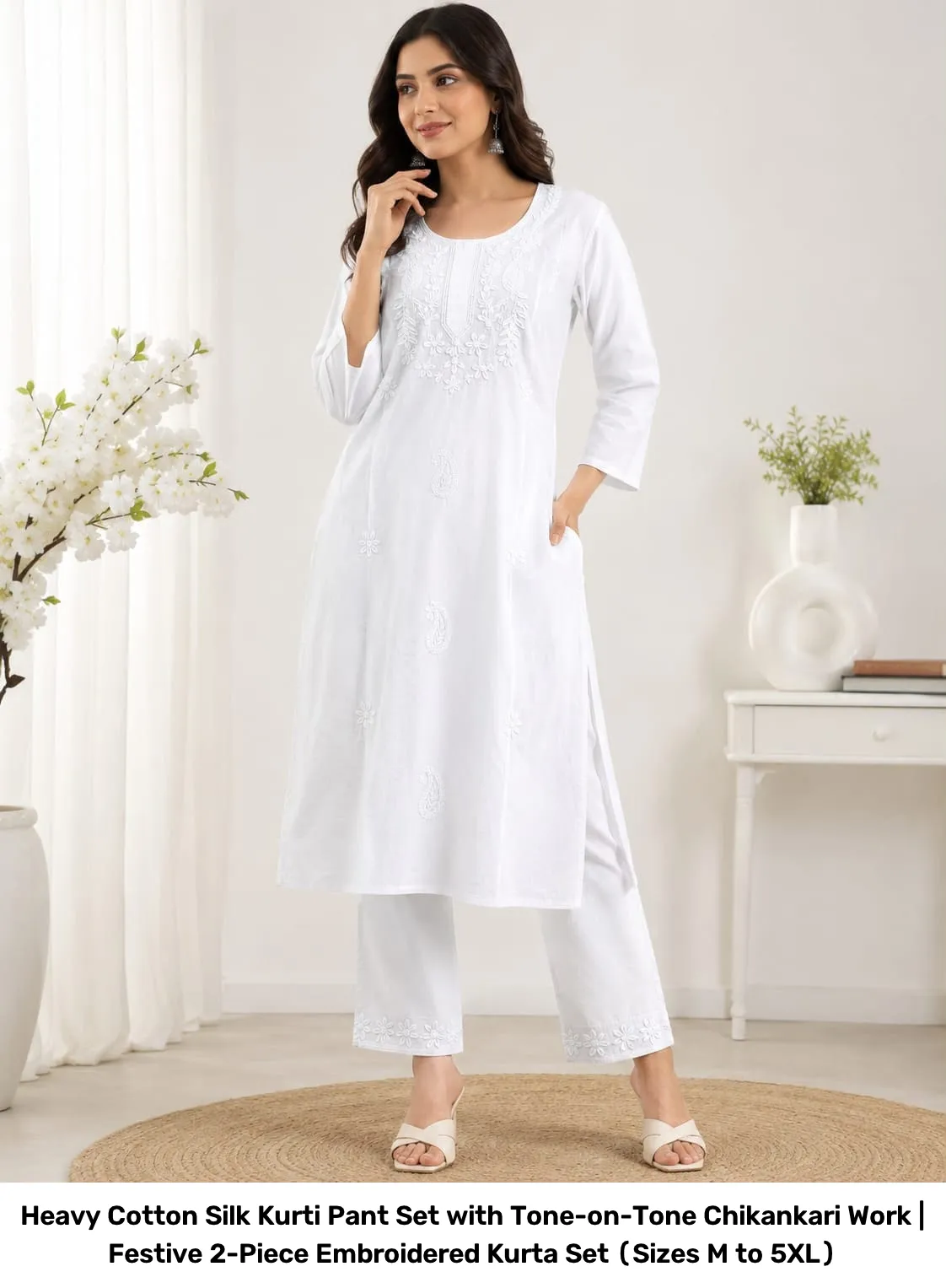 Heavy Cotton Silk Kurti Pant Set with Tone-on-Tone Chikankari Work | Festive 2-Piece Embroidered Kurta Set (Sizes M to 5XL) 3