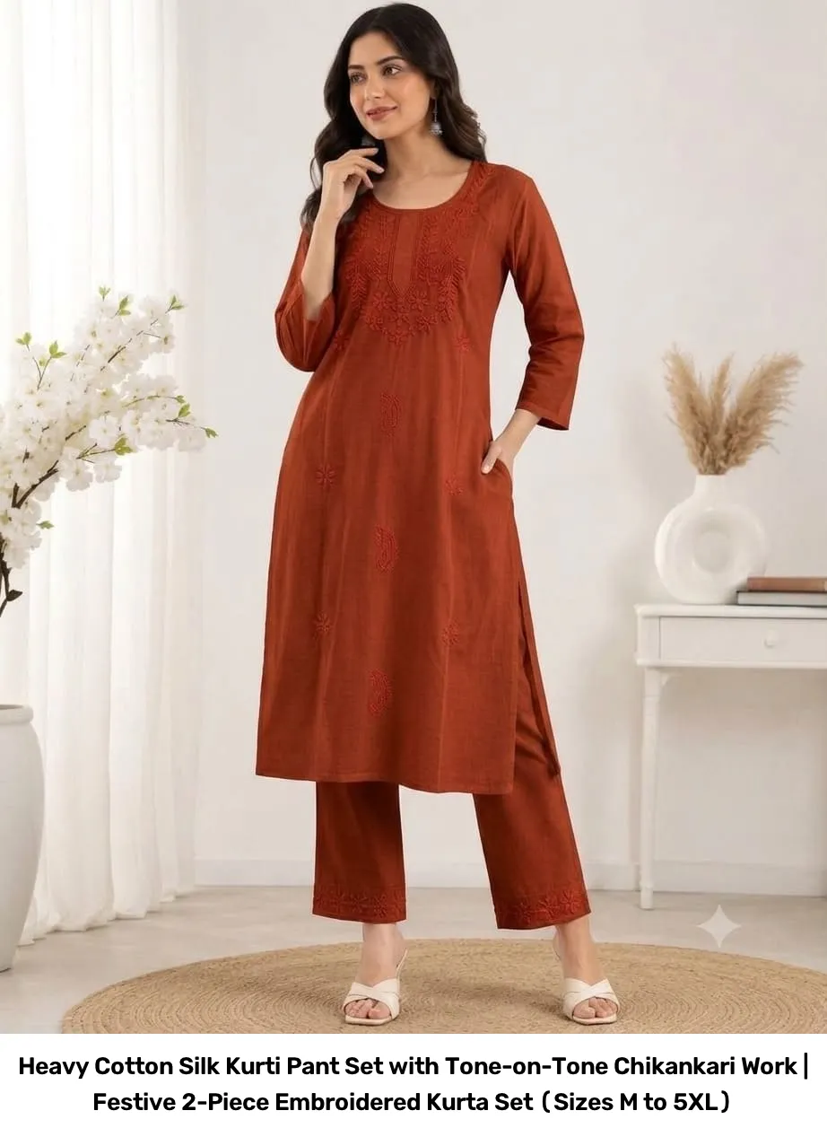 Heavy Cotton Silk Kurti Pant Set with Tone-on-Tone Chikankari Work | Festive 2-Piece Embroidered Kurta Set (Sizes M to 5XL) 4