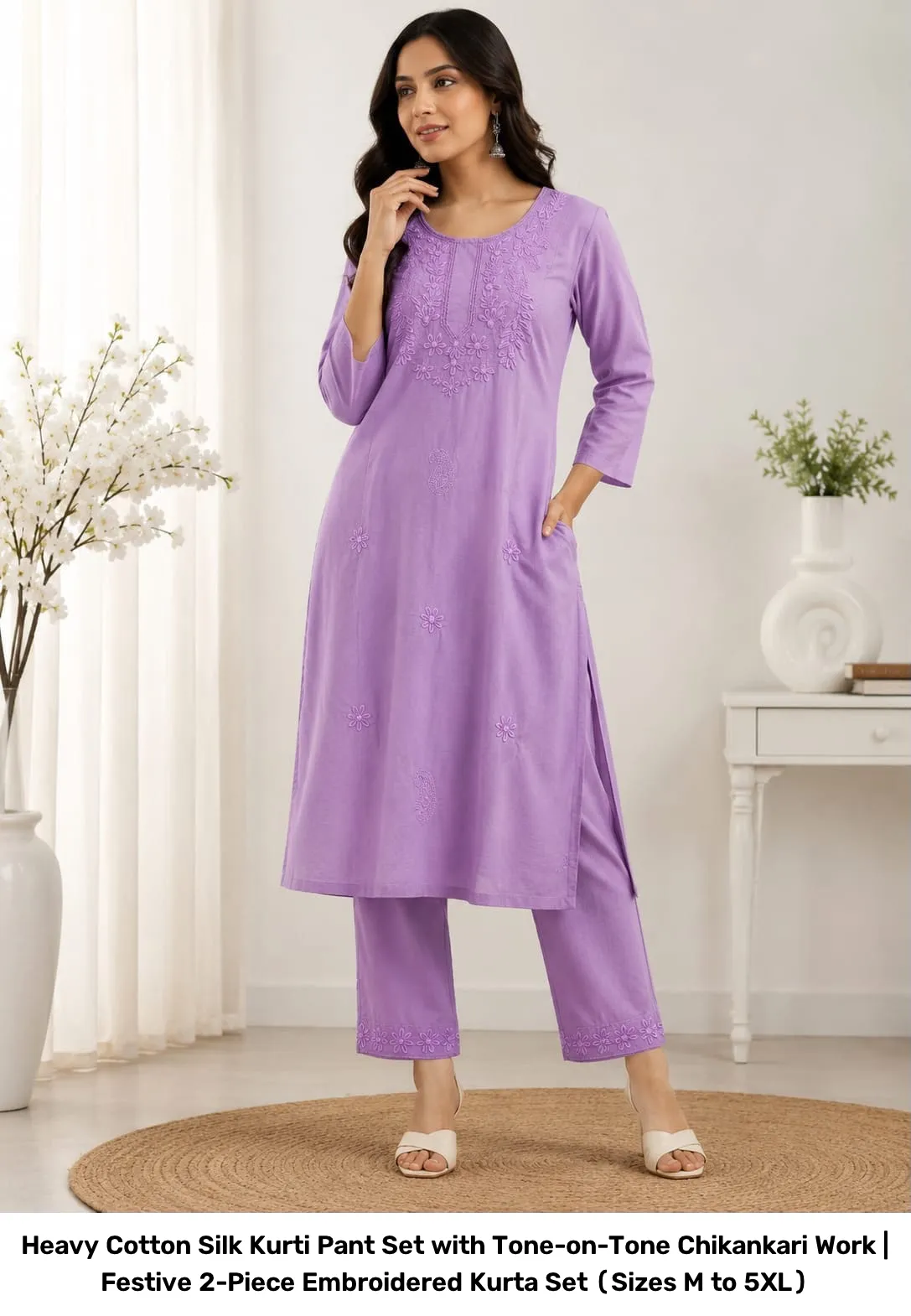 Heavy Cotton Silk Kurti Pant Set with Tone-on-Tone Chikankari Work | Festive 2-Piece Embroidered Kurta Set (Sizes M to 5XL) 5