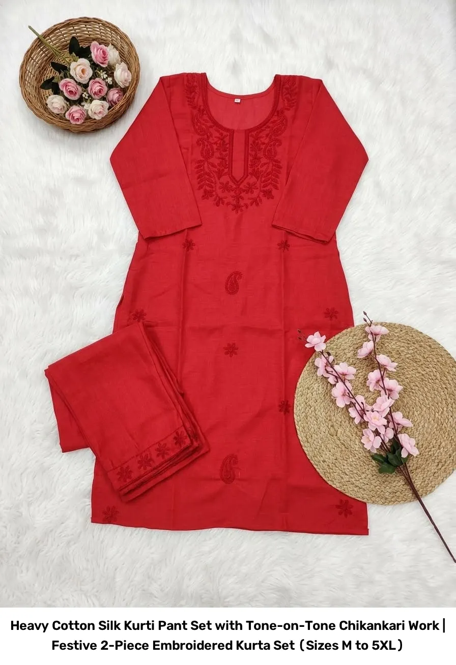 Heavy Cotton Silk Kurti Pant Set with Tone-on-Tone Chikankari Work | Festive 2-Piece Embroidered Kurta Set (Sizes M to 5XL) 7