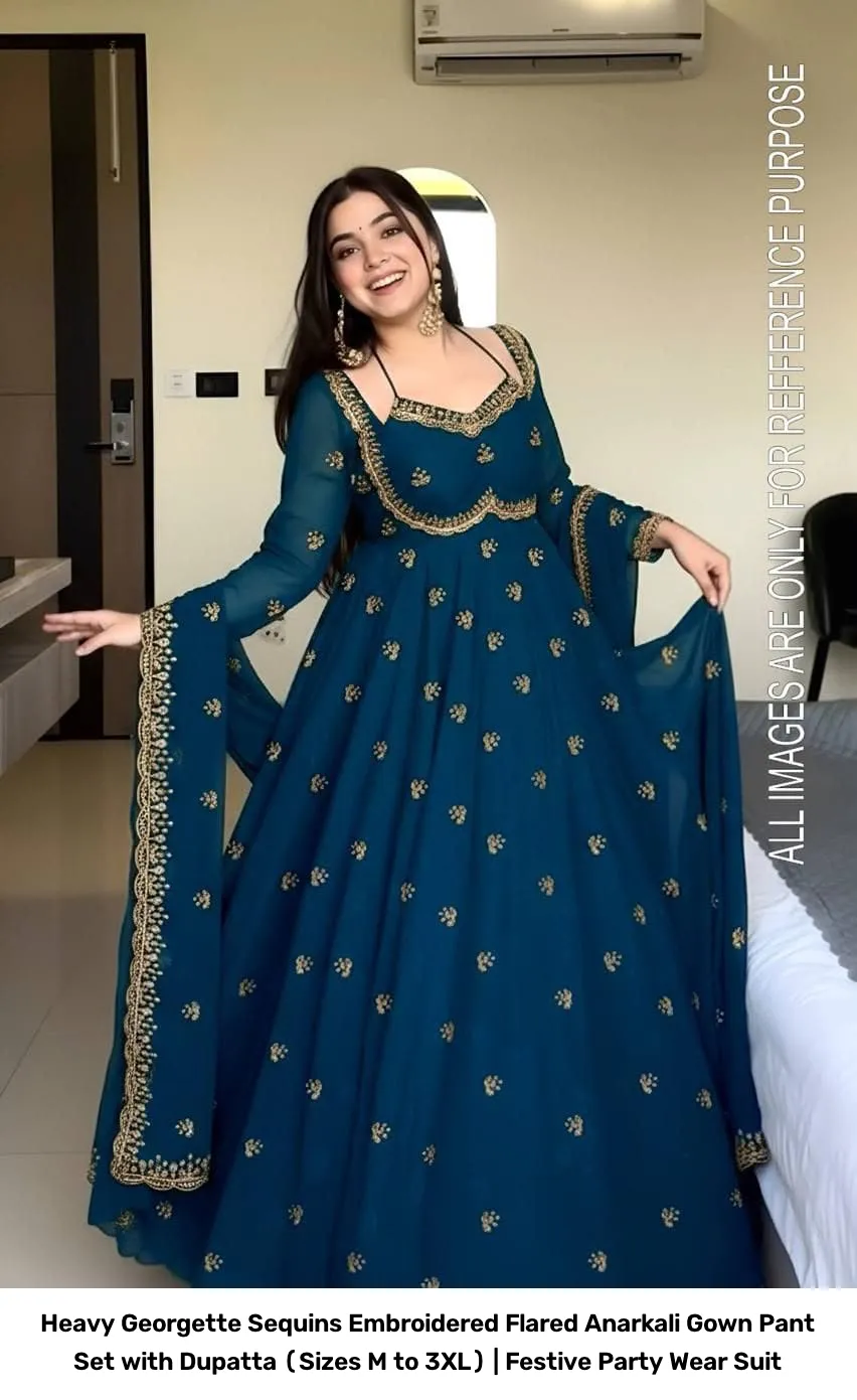 Heavy Georgette Sequins Embroidered Flared Anarkali Gown Pant Set with Dupatta (Sizes M to 3XL) | Festive Party Wear Suit 2