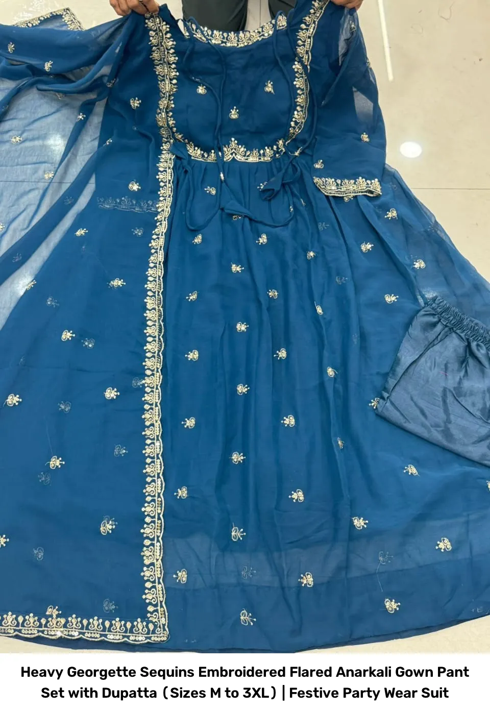 Heavy Georgette Sequins Embroidered Flared Anarkali Gown Pant Set with Dupatta (Sizes M to 3XL) | Festive Party Wear Suit 6