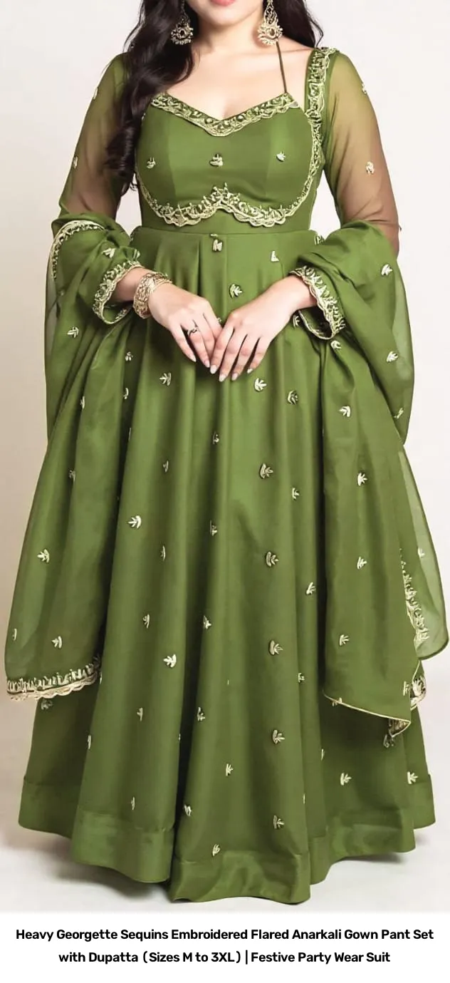 Heavy Georgette Sequins Embroidered Flared Anarkali Gown Pant Set with Dupatta (Sizes M to 3XL) | Festive Party Wear Suit 7