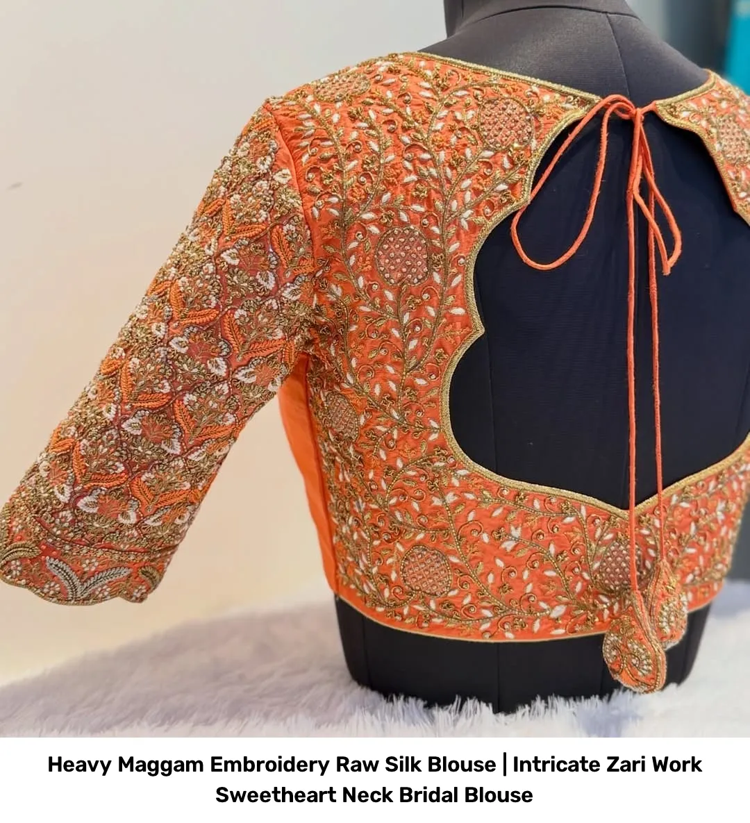 Heavy Maggam Embroidery Raw Silk Blouse | Intricate Zari Work Sweetheart Neck Bridal Blouse 2