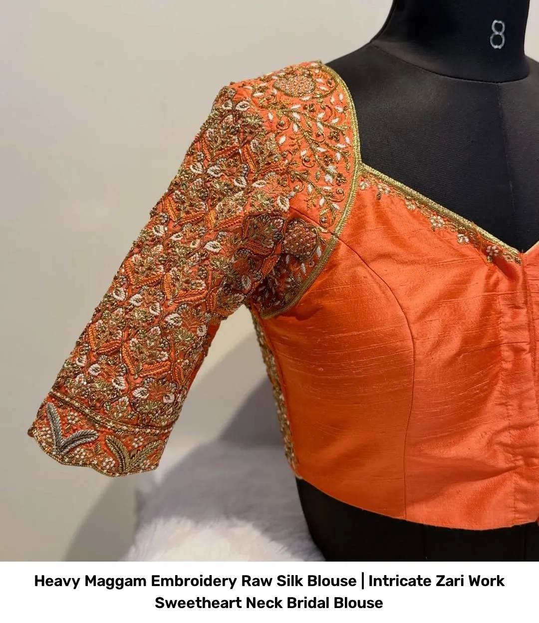 Heavy Maggam Embroidery Raw Silk Blouse | Intricate Zari Work Sweetheart Neck Bridal Blouse 4