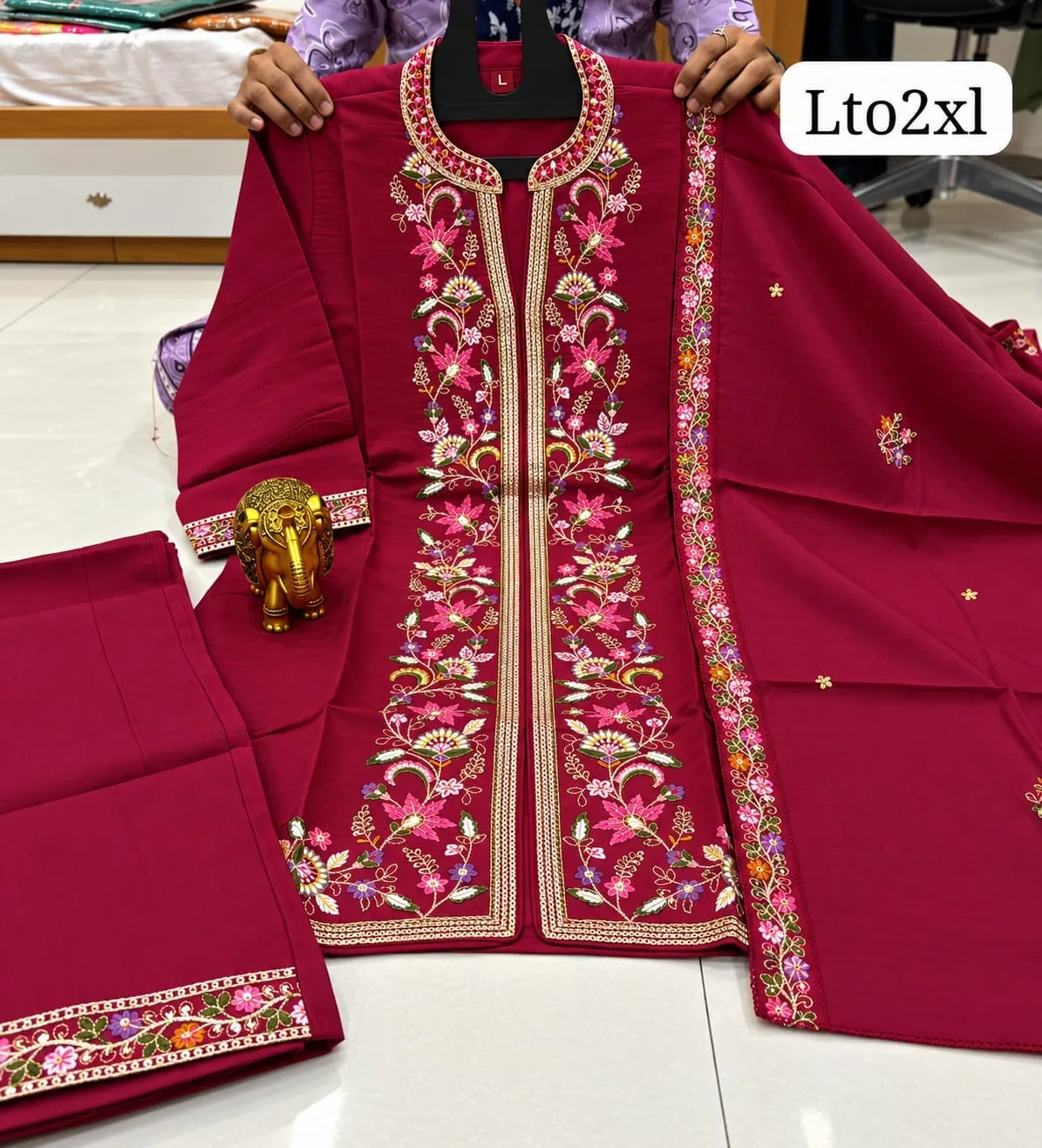 Heavy Muslin Silk Hand Work Short Kurti with Flared Palazzo & Dupatta Set