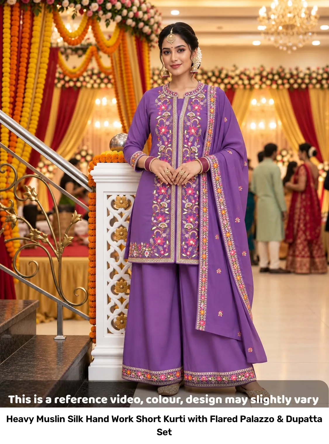 Heavy Muslin Silk Hand Work Short Kurti with Flared Palazzo & Dupatta Set 2