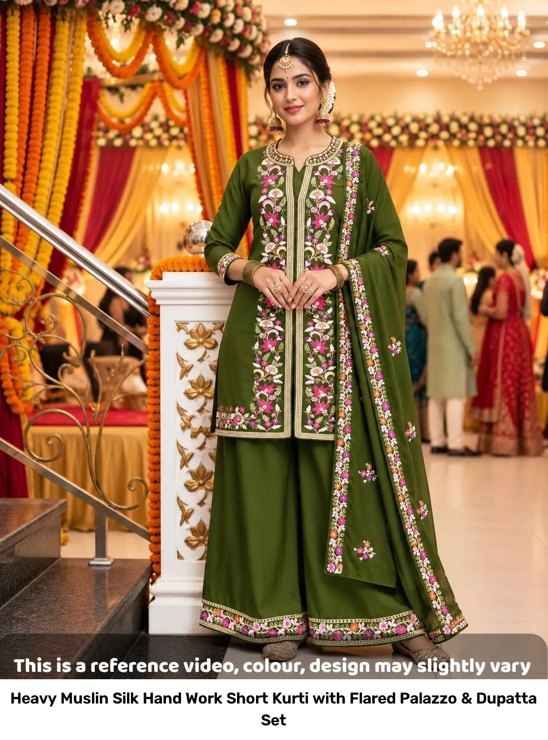 Heavy Muslin Silk Hand Work Short Kurti with Flared Palazzo & Dupatta Set 3