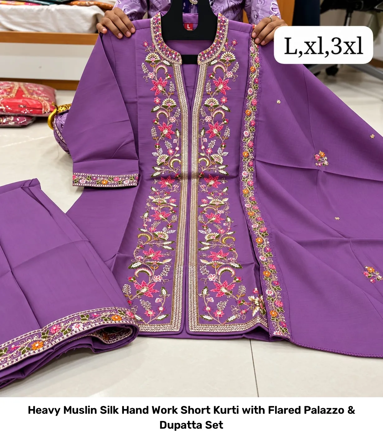 Heavy Muslin Silk Hand Work Short Kurti with Flared Palazzo & Dupatta Set 4