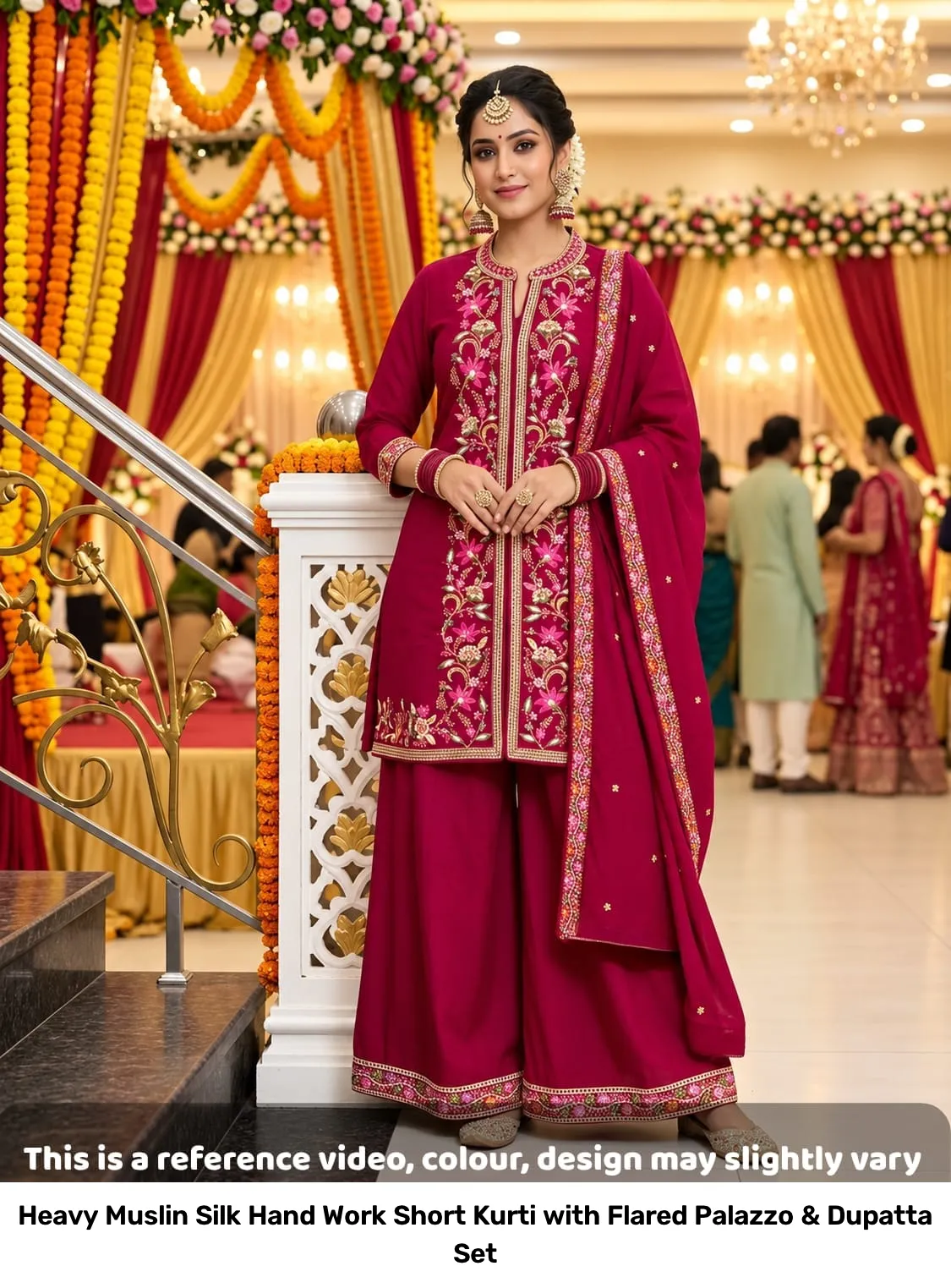 Heavy Muslin Silk Hand Work Short Kurti with Flared Palazzo & Dupatta Set 5