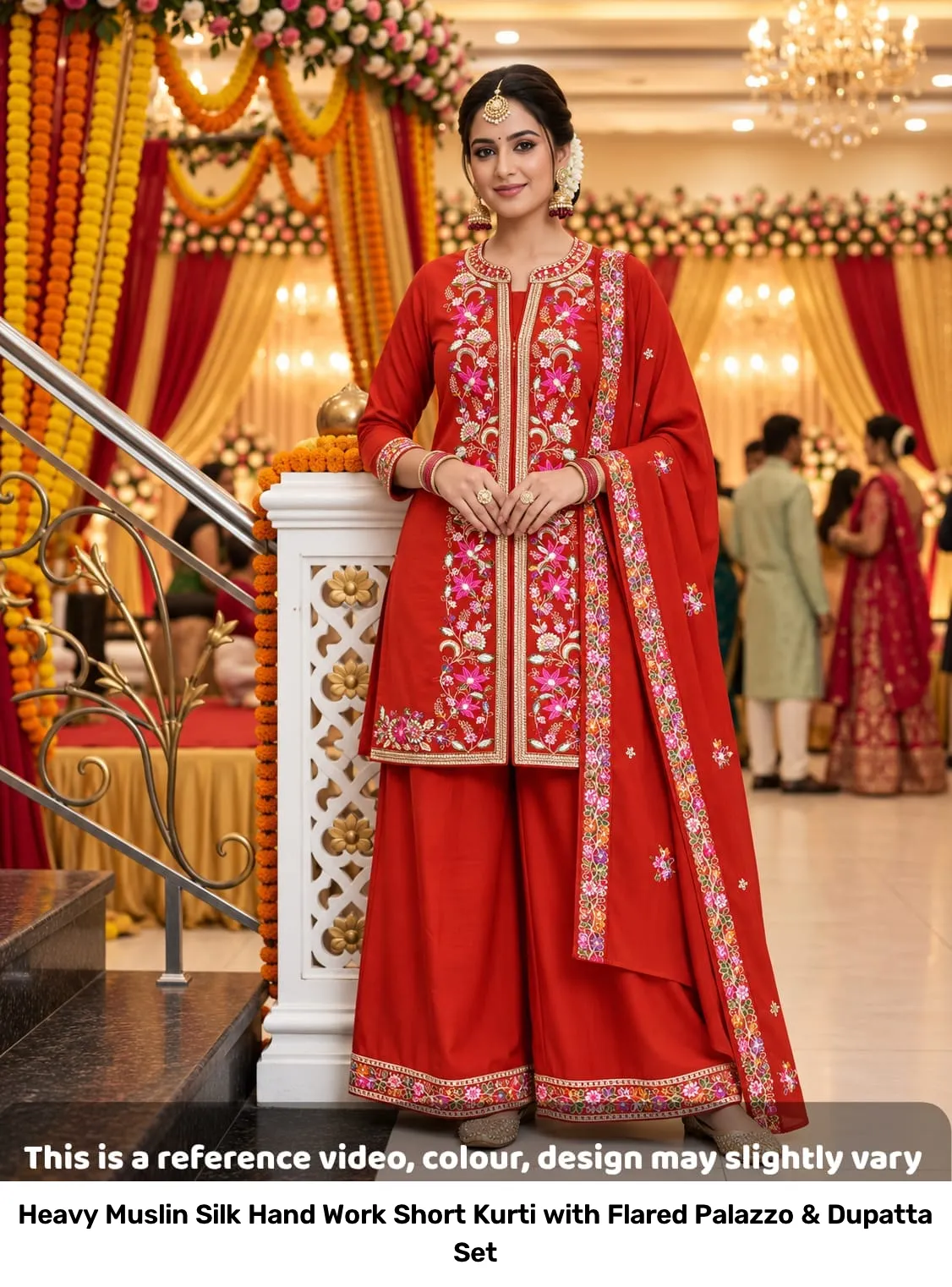 Heavy Muslin Silk Hand Work Short Kurti with Flared Palazzo & Dupatta Set 6