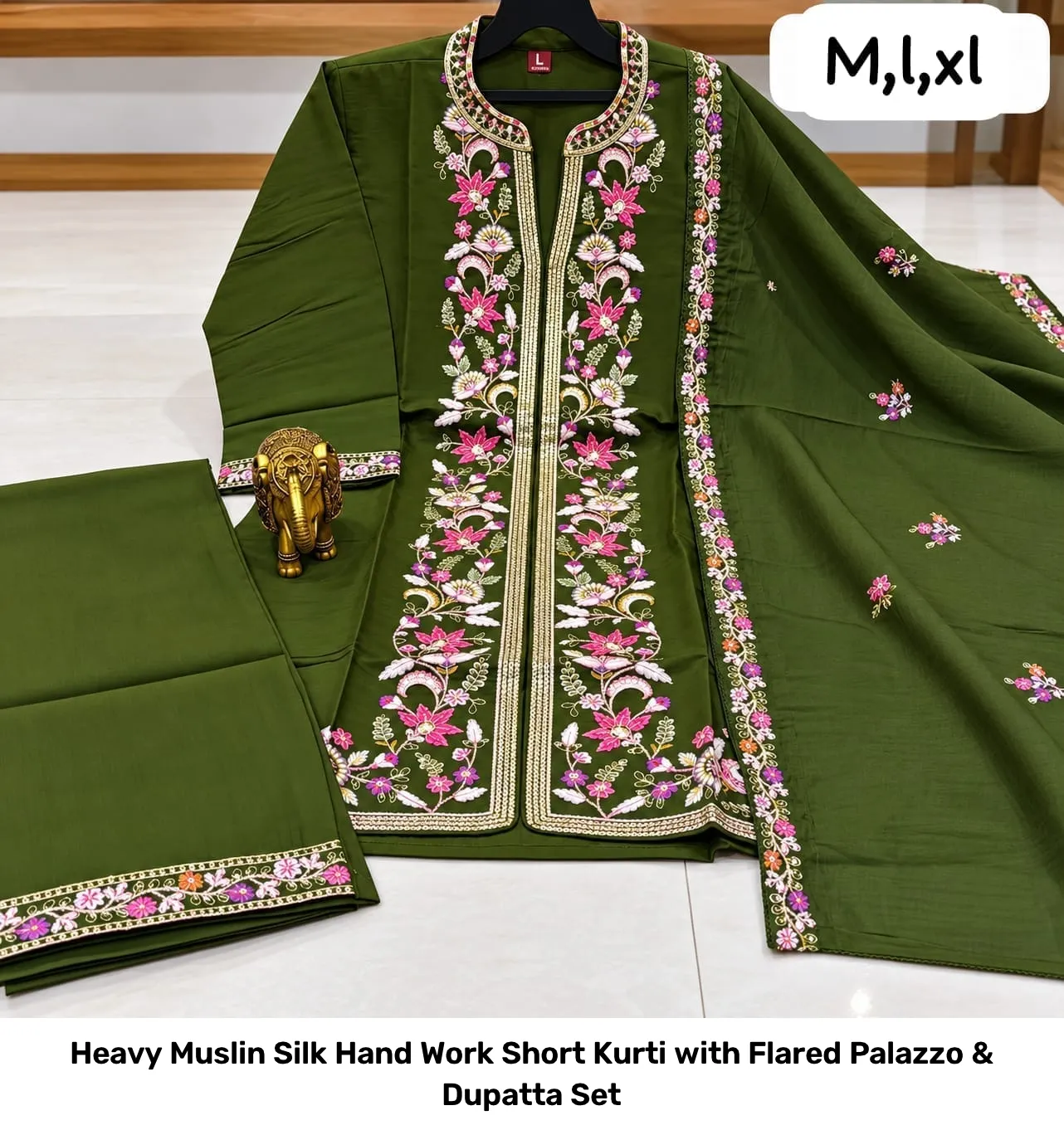 Heavy Muslin Silk Hand Work Short Kurti with Flared Palazzo & Dupatta Set 7