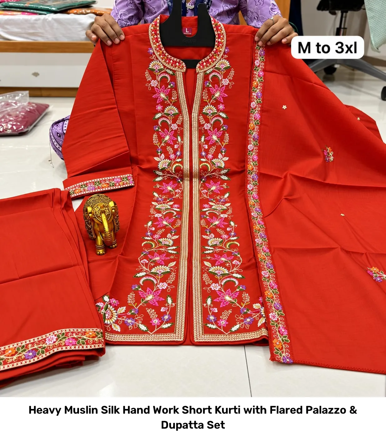 Heavy Muslin Silk Hand Work Short Kurti with Flared Palazzo & Dupatta Set 8