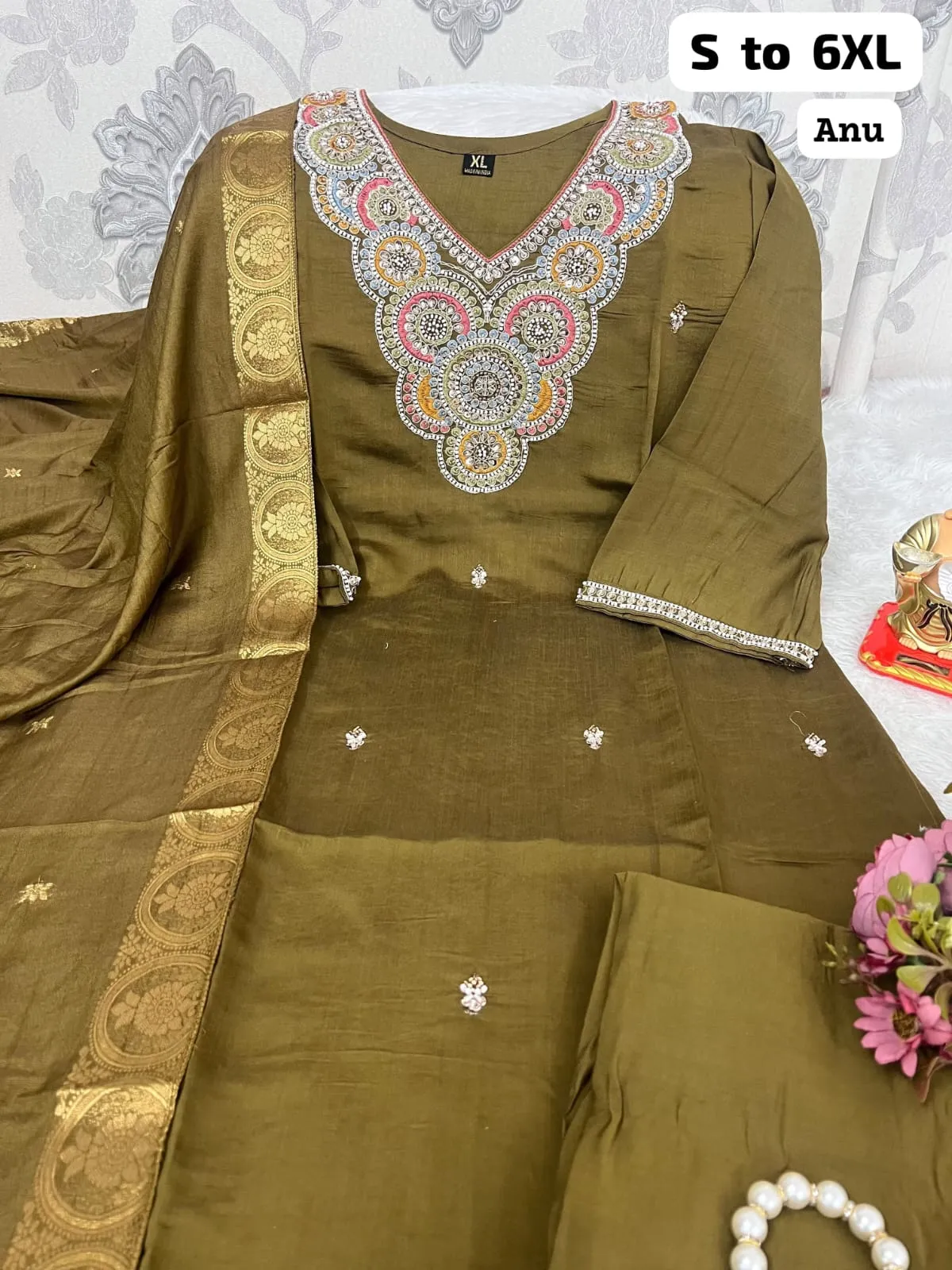 Heavy Neck Embroidered Coral Silk Kurti Pant Set with Dupatta