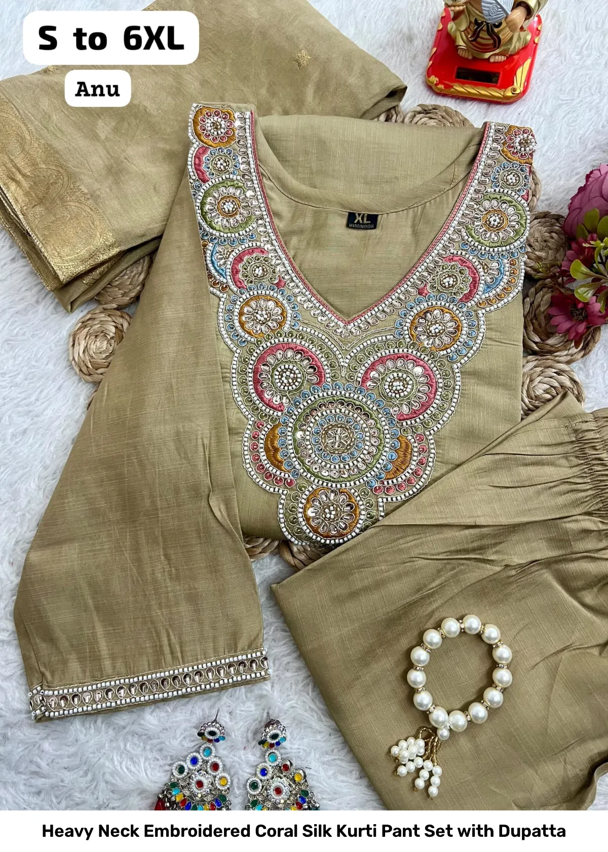 Heavy Neck Embroidered Coral Silk Kurti Pant Set with Dupatta 10