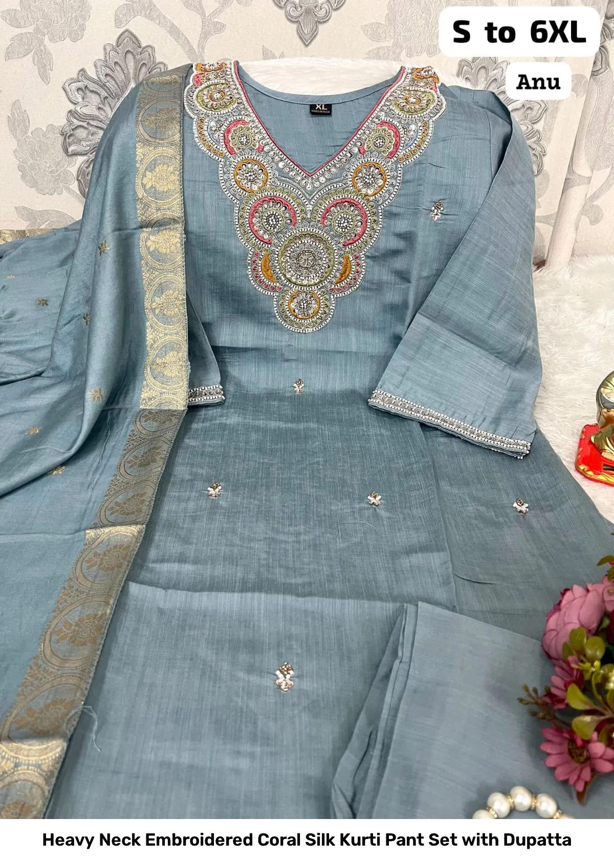 Heavy Neck Embroidered Coral Silk Kurti Pant Set with Dupatta 11