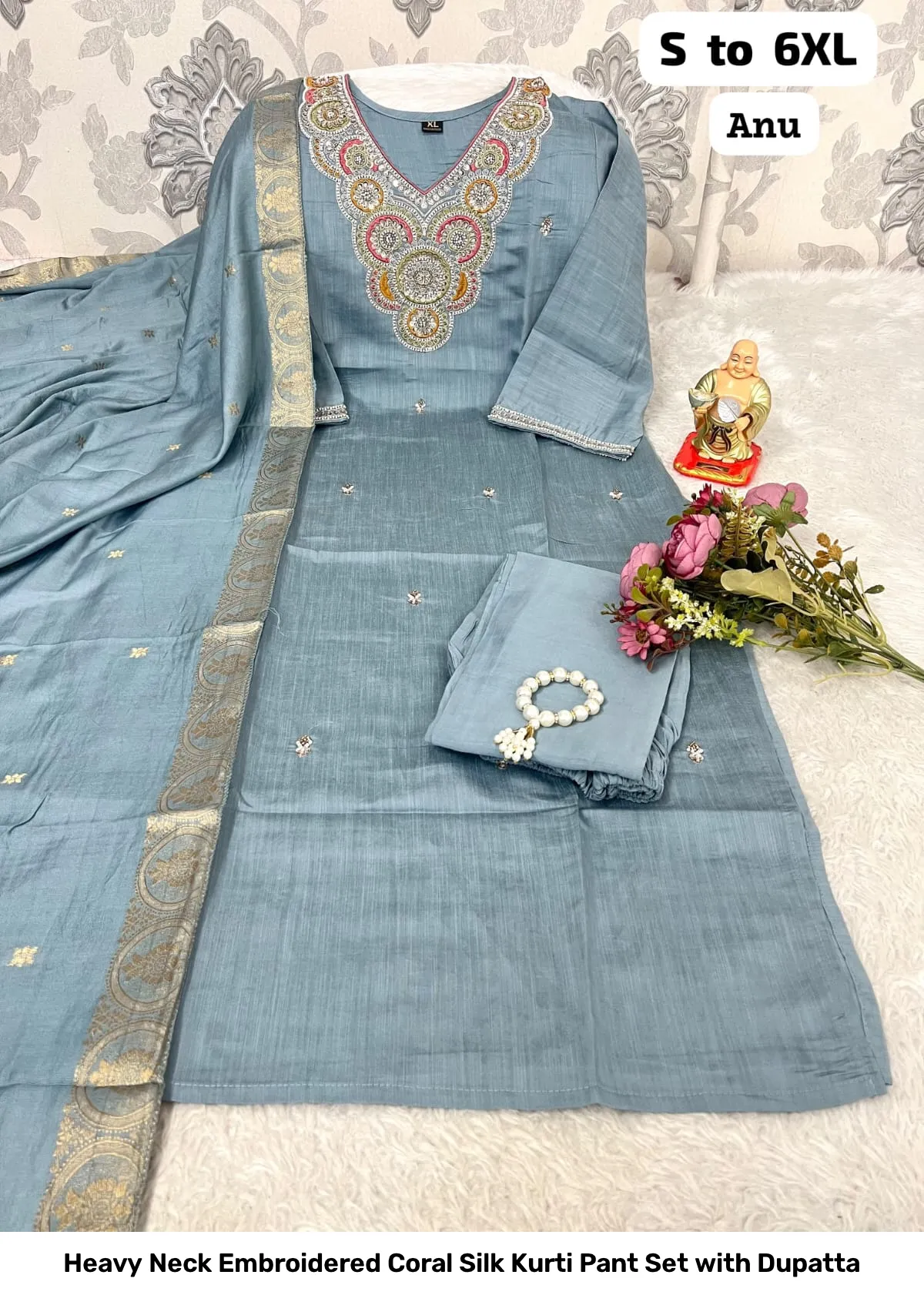 Heavy Neck Embroidered Coral Silk Kurti Pant Set with Dupatta 12