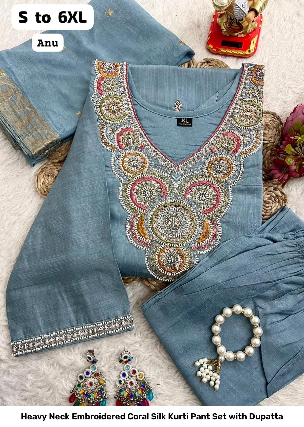 Heavy Neck Embroidered Coral Silk Kurti Pant Set with Dupatta 2